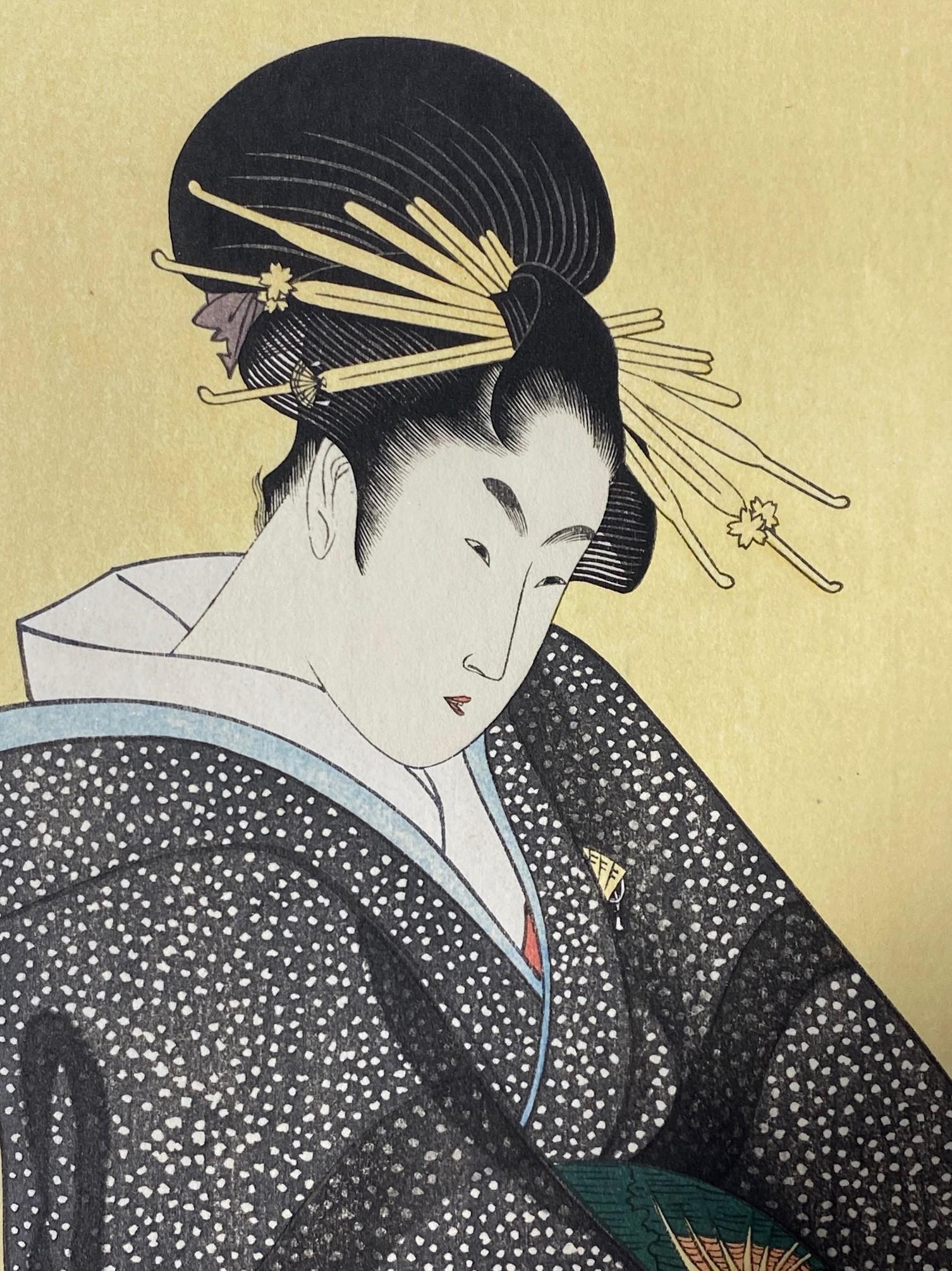 Japanese Woodblock Print of An Edo Geisha Women With Yellow Hairpins and Kimono In Good Condition For Sale In Studio City, CA