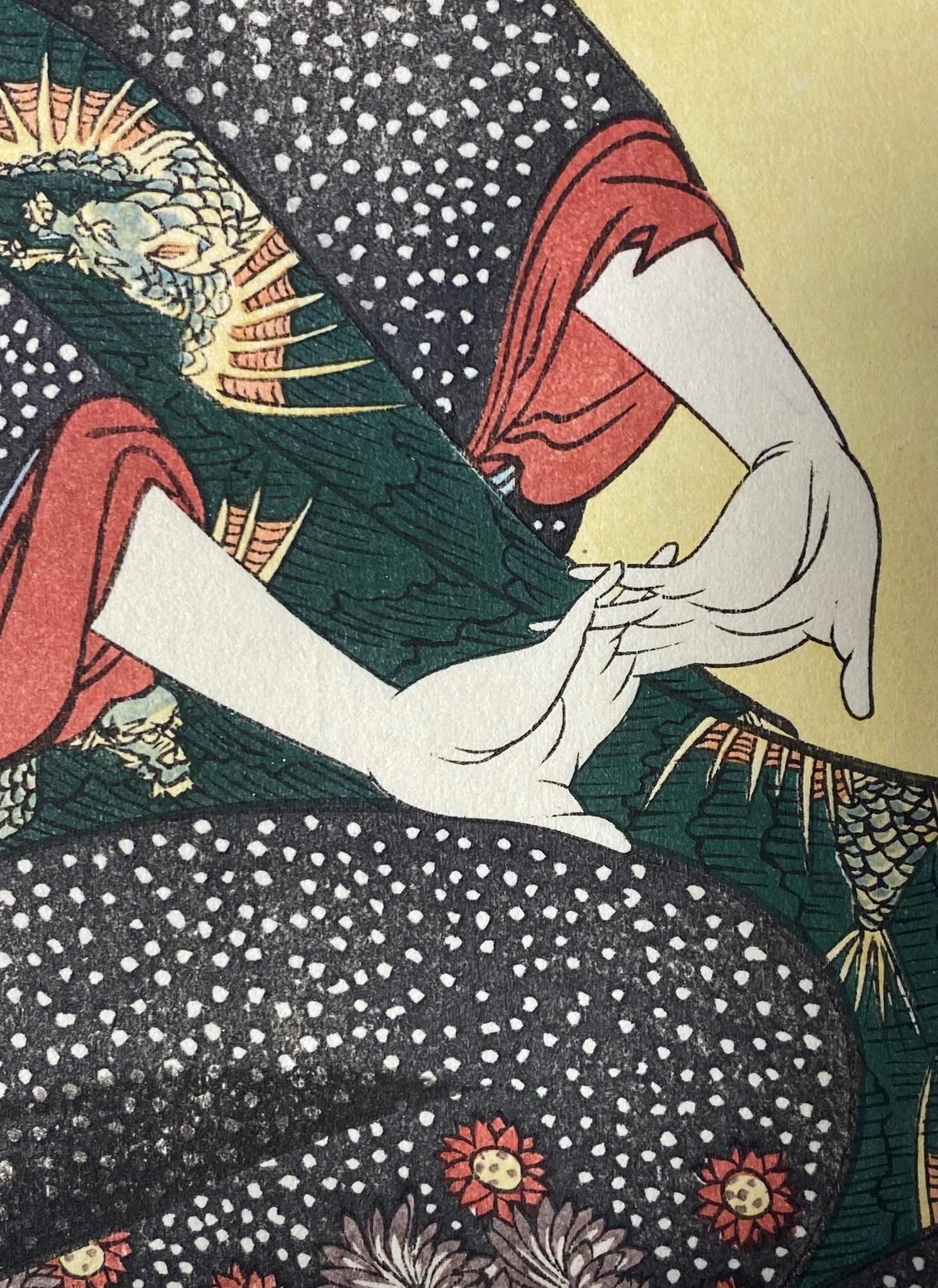 Japanese Woodblock Print of An Edo Geisha Women With Yellow Hairpins and Kimono For Sale 1