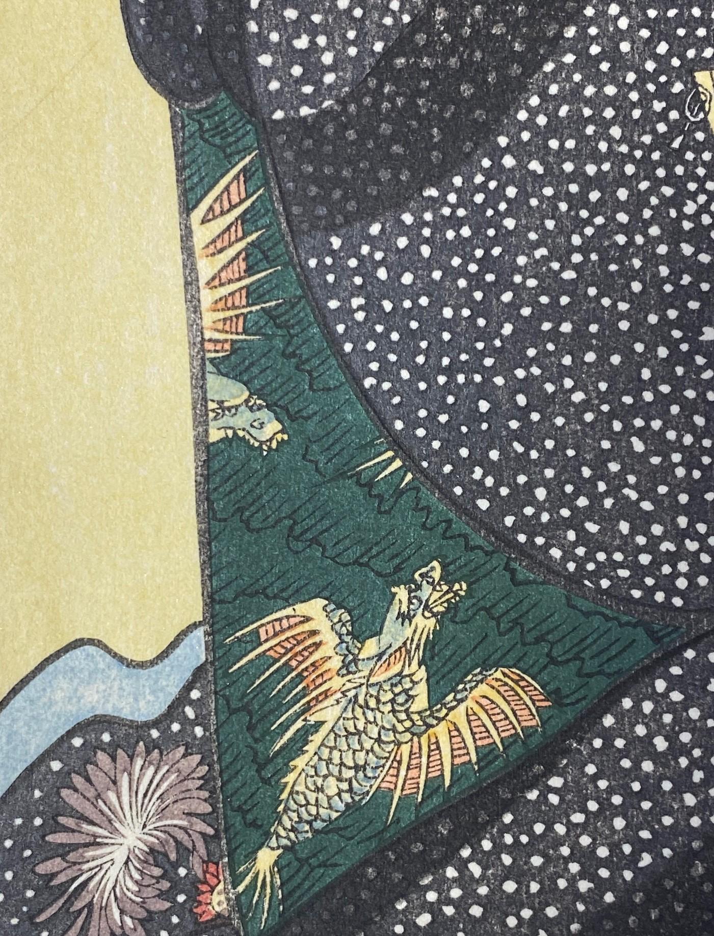Japanischer Holzschnitt mit gelben Haarnadeln und Kimono, Edo-Geisha im Angebot 2