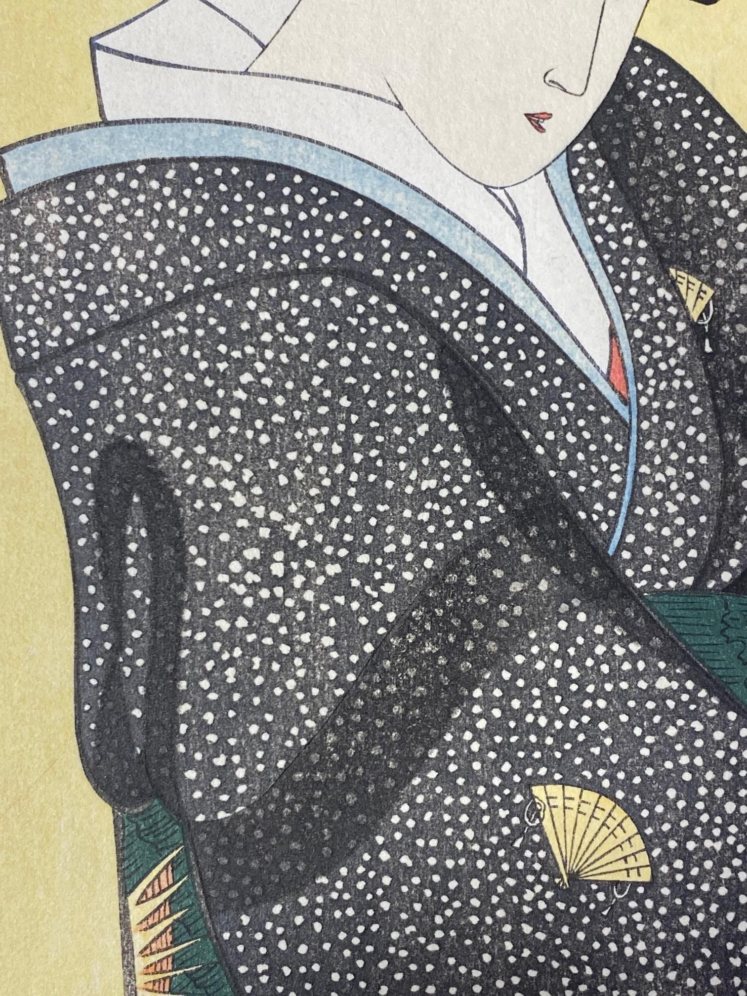 Japanischer Holzschnitt mit gelben Haarnadeln und Kimono, Edo-Geisha im Angebot 3