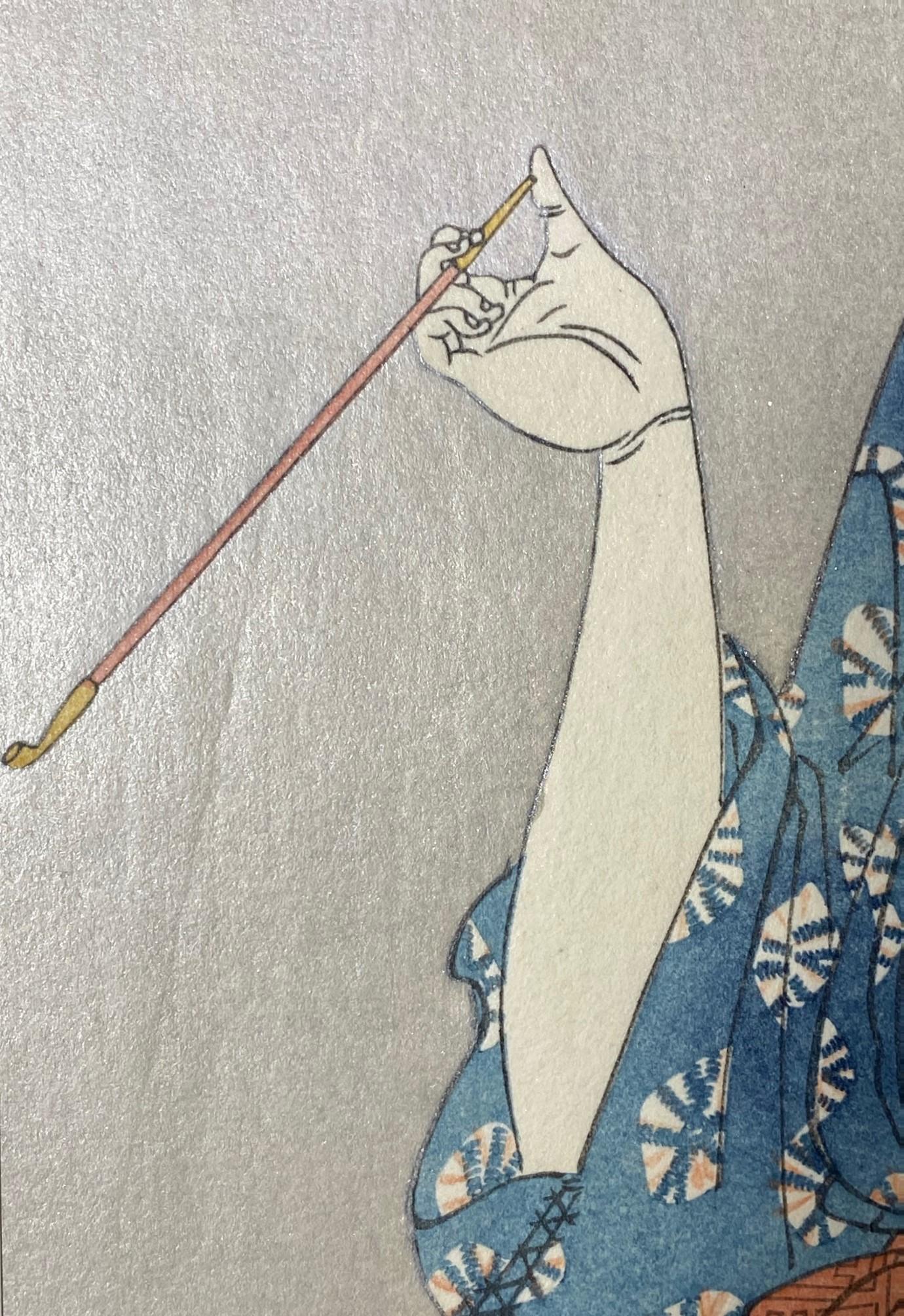 Kitagawa Utamaro Japanischer Edo-Pfeifen mit Holzschnitt und Halbakt-Frau (Papier) im Angebot