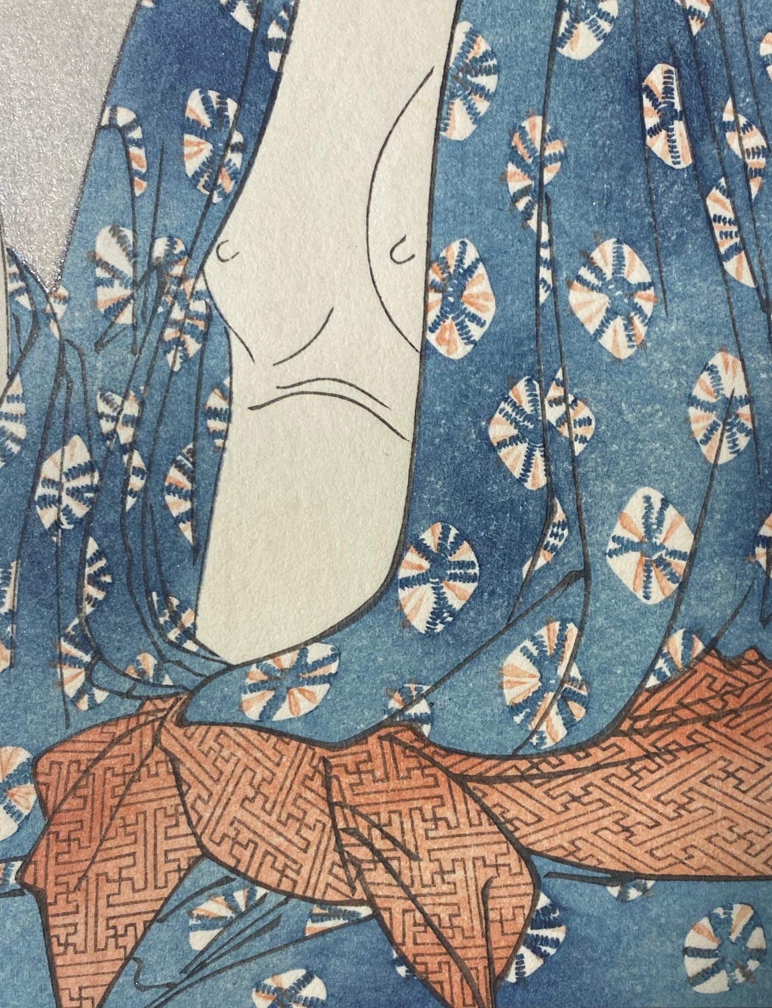 Kitagawa Utamaro Japanischer Edo-Pfeifen mit Holzschnitt und Halbakt-Frau im Angebot 1