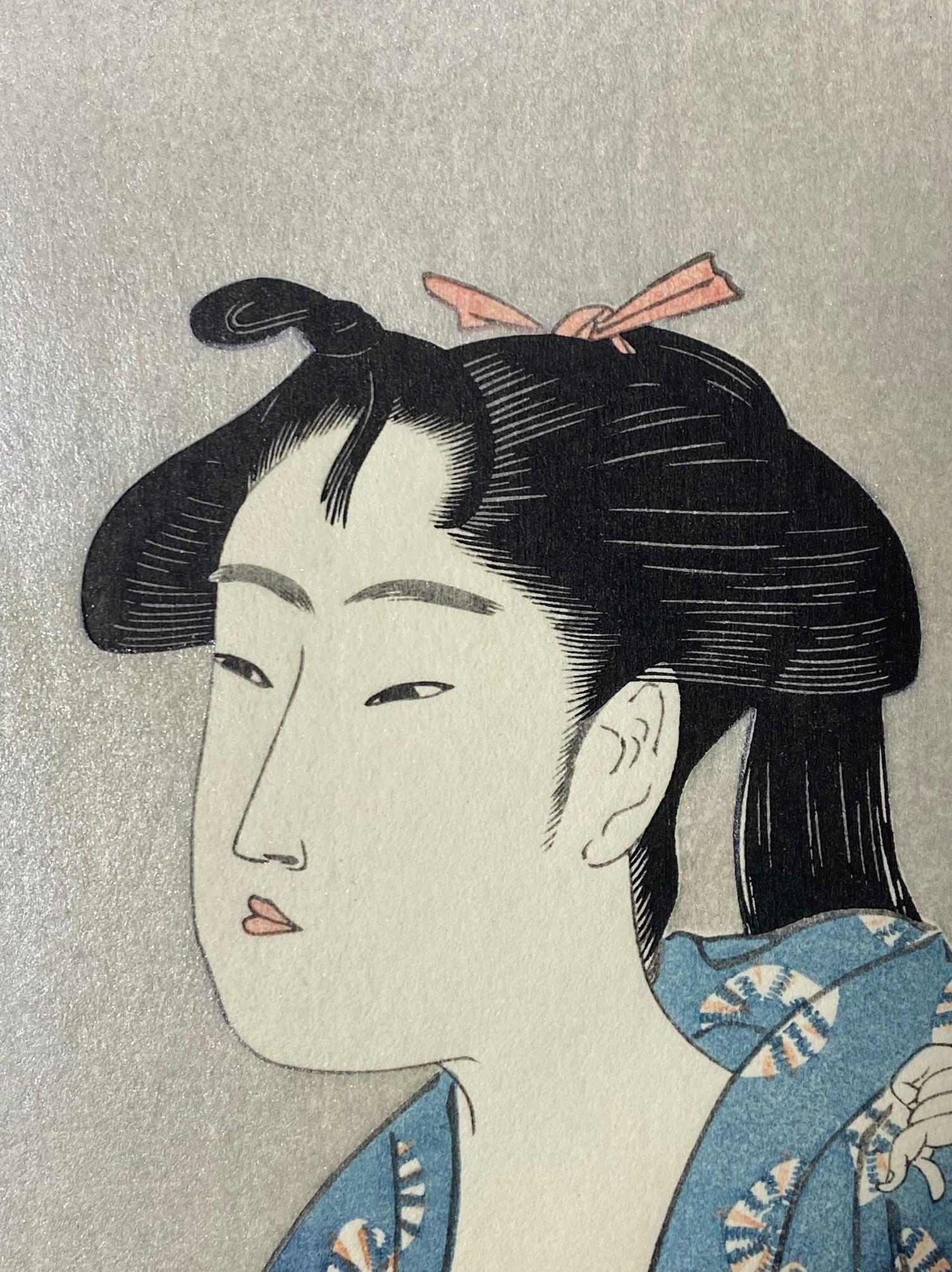 Kitagawa Utamaro Japanischer Edo-Pfeifen mit Holzschnitt und Halbakt-Frau im Angebot 3