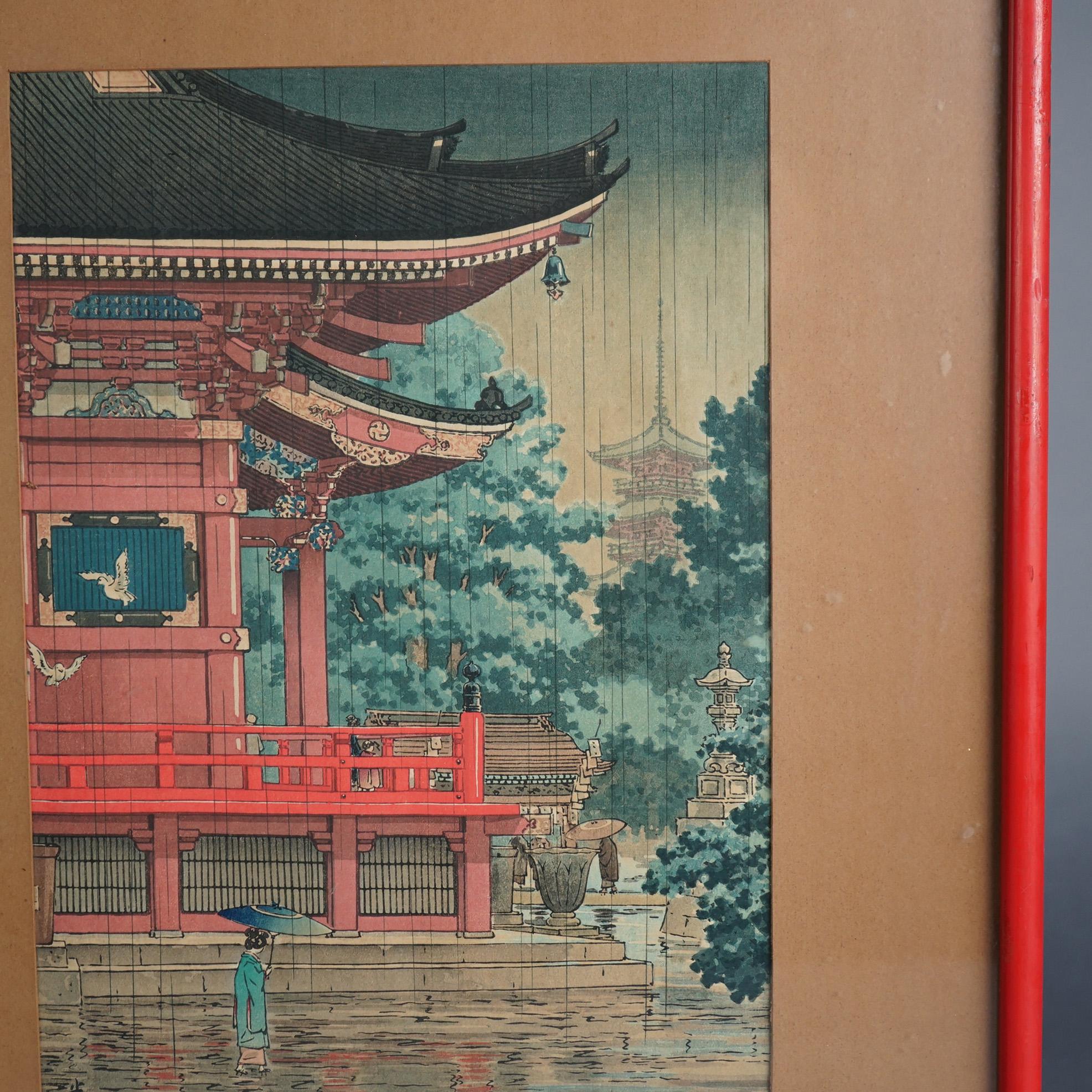 Japonais Impression sur bois japonaise Tsuchiya Koitsu signée, temple Asakusa Kannondo, vers 1930 en vente