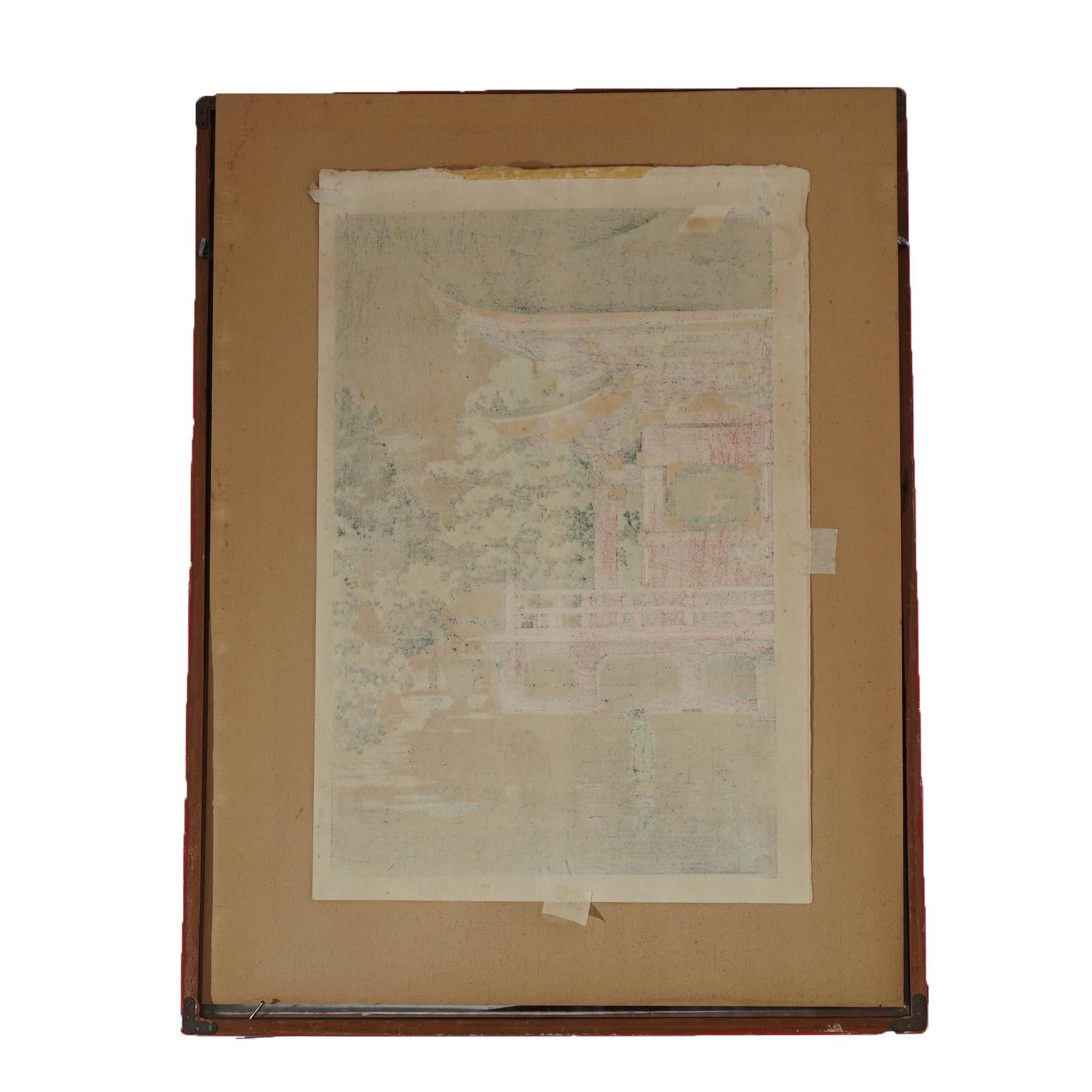 Signed Japanese Tsuchiya Koitsu Woodblock Print, Asakusa Kannondo Temple, C1930 1