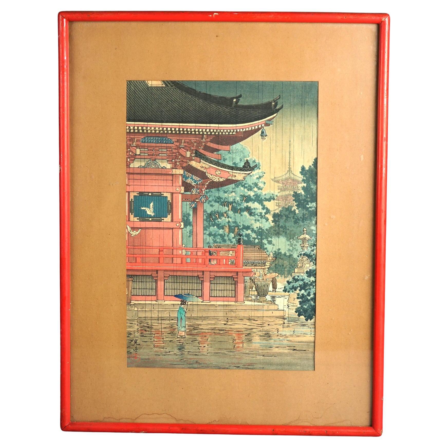 Signed Japanese Tsuchiya Koitsu Woodblock Print, Asakusa Kannondo Temple, C1930 For Sale