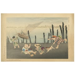 Japanese Woodblock Print of Children at Play – Yamamoto Shōun, Meiji Era c. 1907