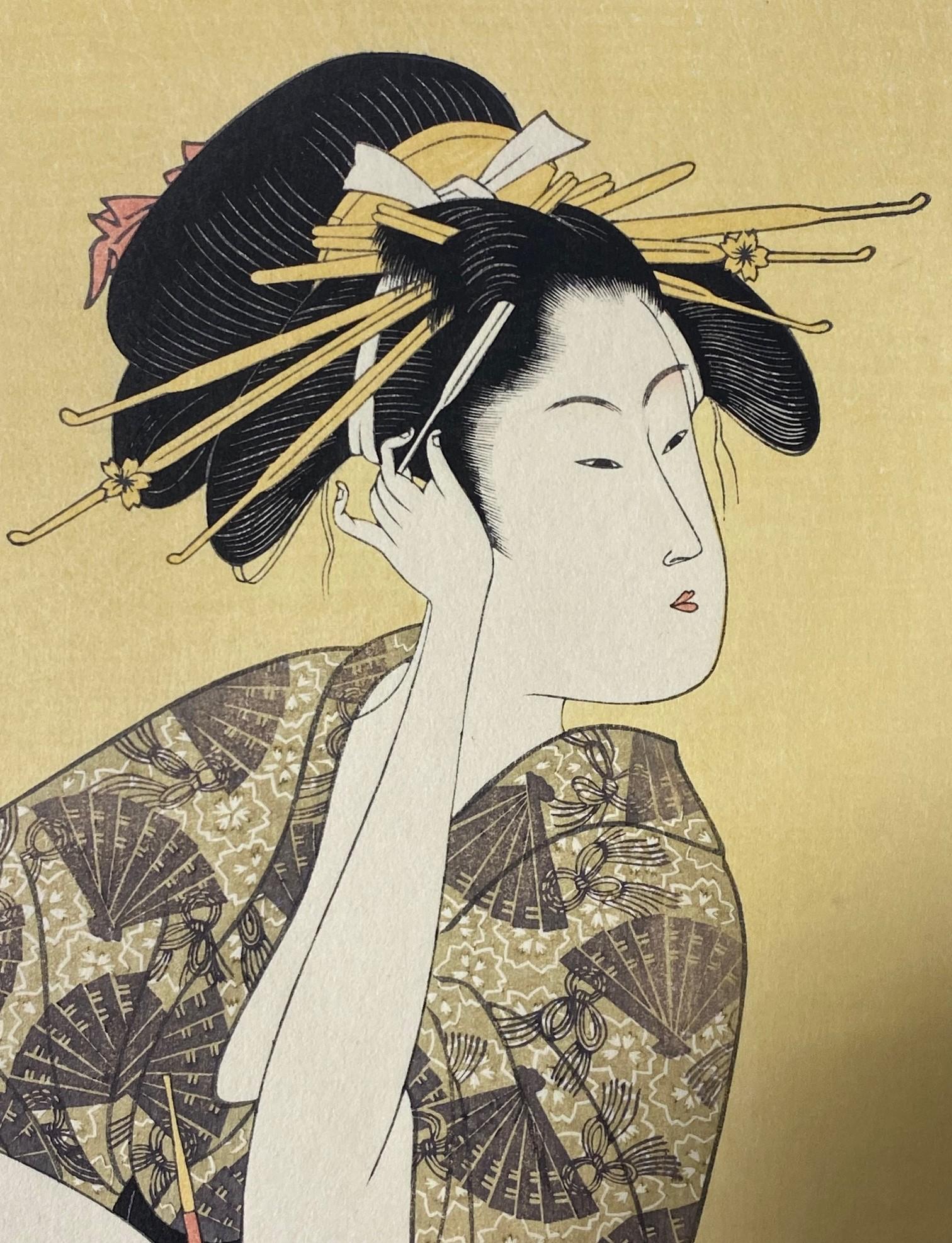 Showa Japanese Woodblock Print of Edo Geisha Woman With Yellow Hairpins and Opium Pipe For Sale
