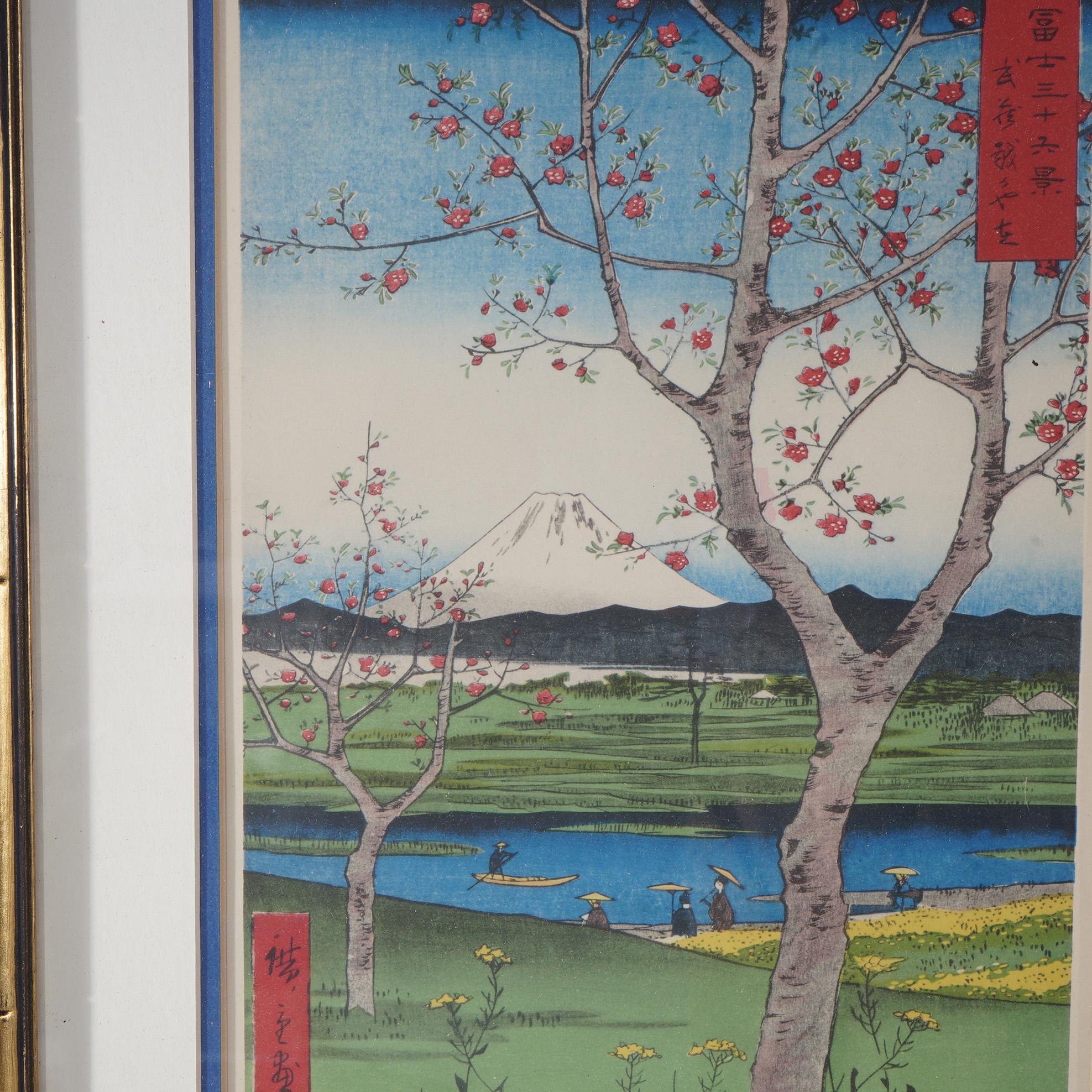 Japanischer Holzschnitt des Mt. Fuji von Hiroshige Utagawa, gerahmt, 20. Jahrhundert

Maße: 20''H x 15''B x 1,25''D; 14''x 19''Sicht