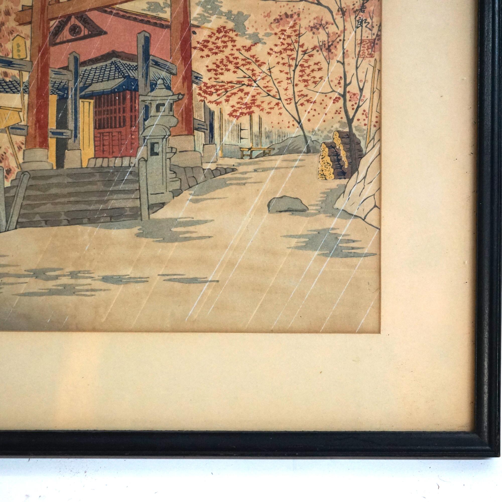 20th Century Japanese Woodblock Print of Pagoda at Mt Fugi by Tokuriki Tomikichiro 20thC For Sale