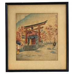 Antique Japanese Woodblock Print of Pagoda at Mt Fugi by Tokuriki Tomikichiro 20thC