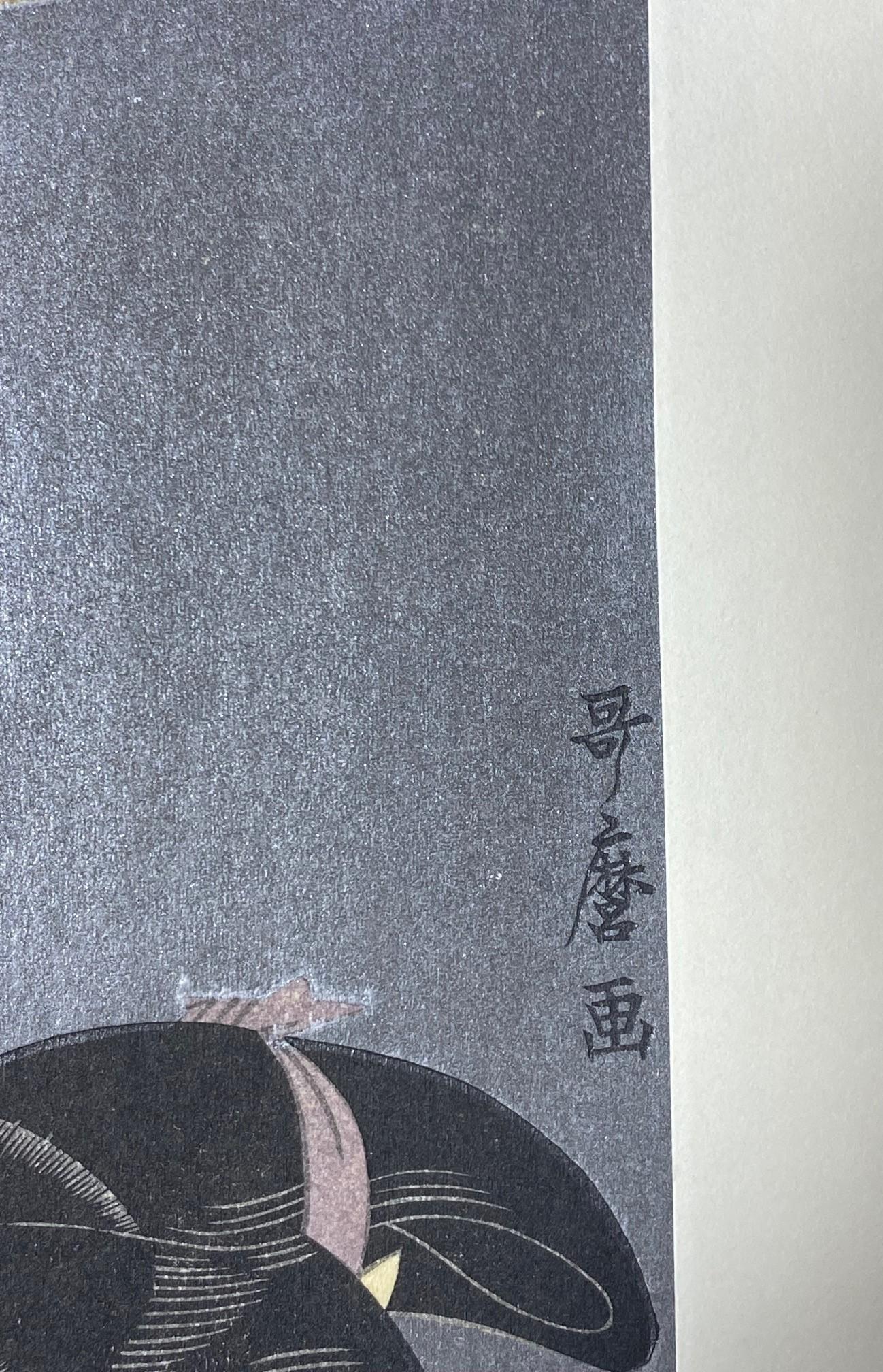 Japanese Woodblock Print of Three Edo Period Geisha Women One With Yellow Hat For Sale 5