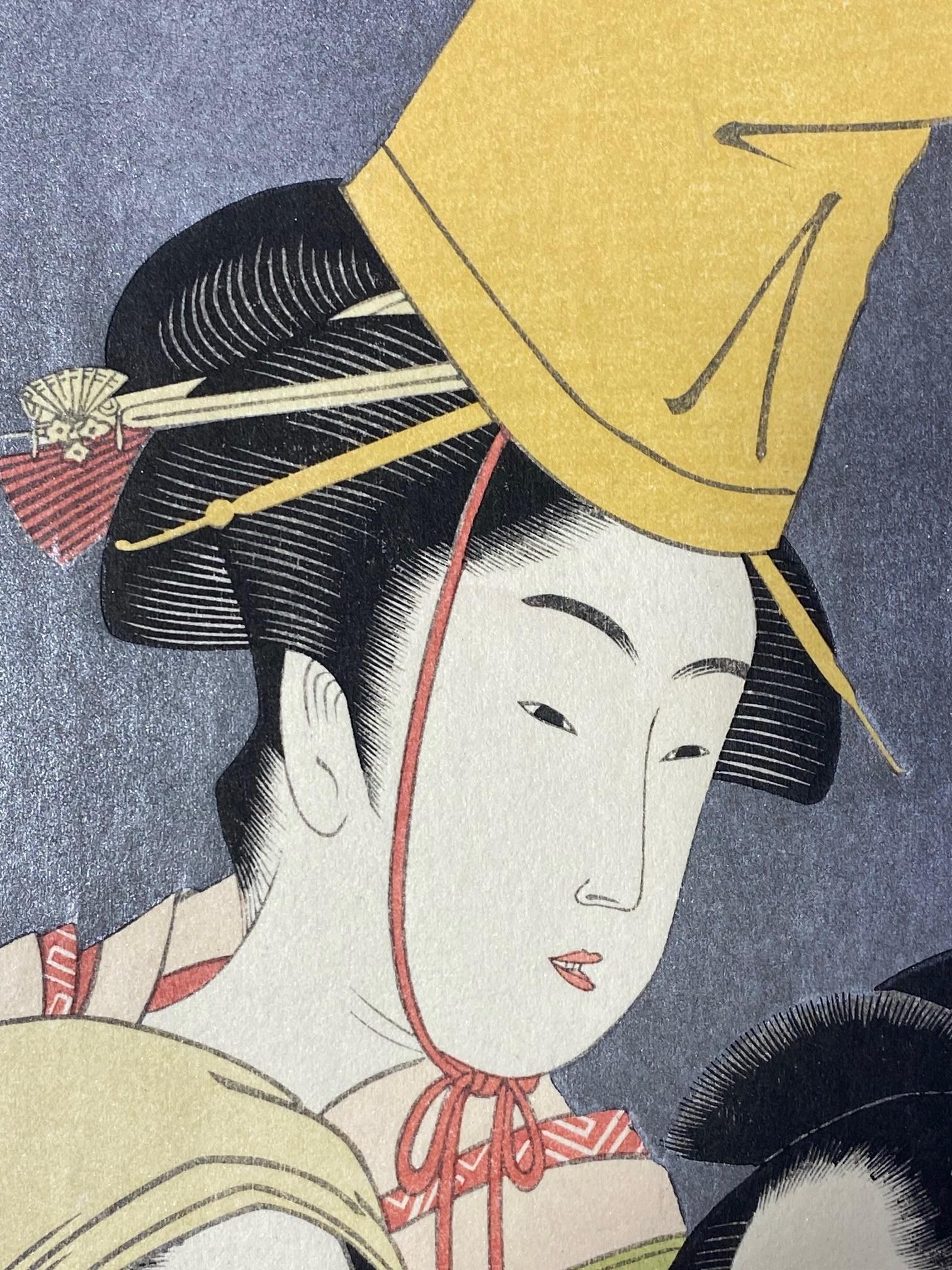 Japanese Woodblock Print of Three Edo Period Geisha Women One With Yellow Hat For Sale 1