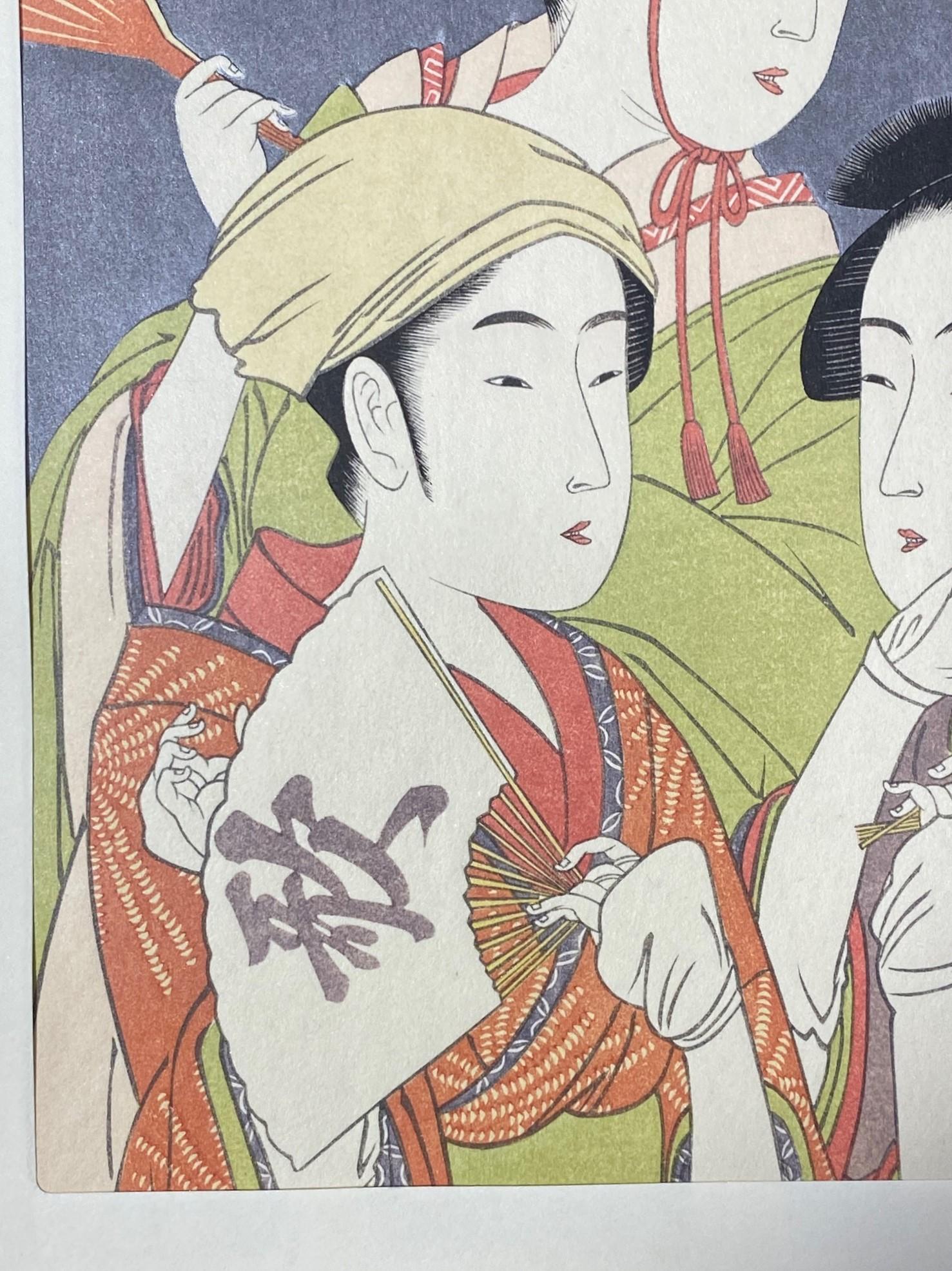 Japanese Woodblock Print of Three Edo Period Geisha Women One With Yellow Hat For Sale 2