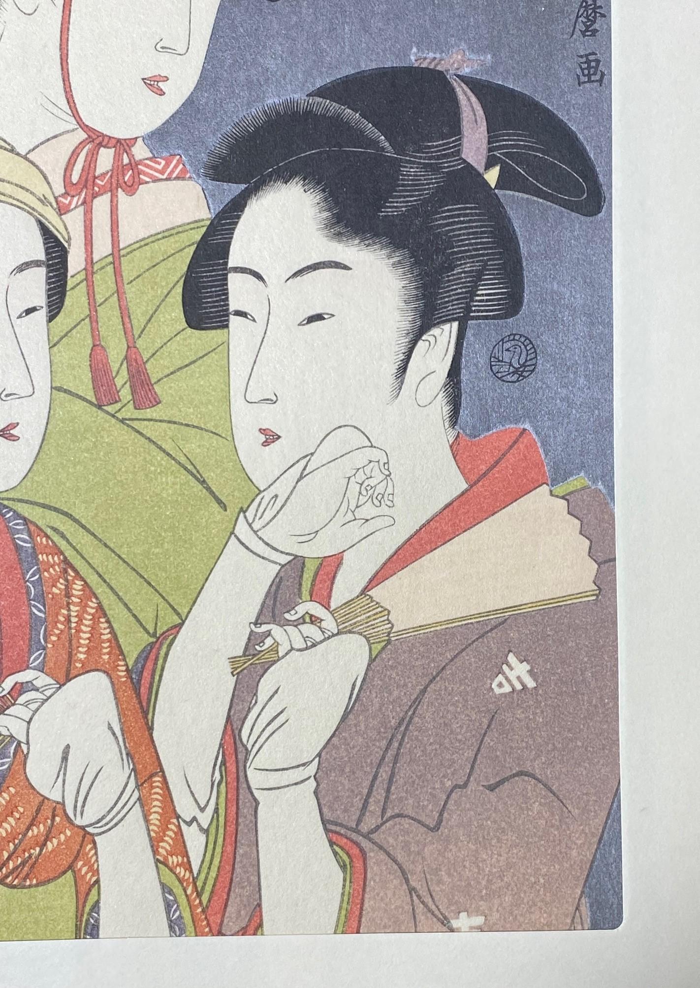 Japanese Woodblock Print of Three Edo Period Geisha Women One With Yellow Hat For Sale 3