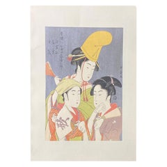 Japanese Woodblock Print of Three Edo Period Geisha Women One With Yellow Hat