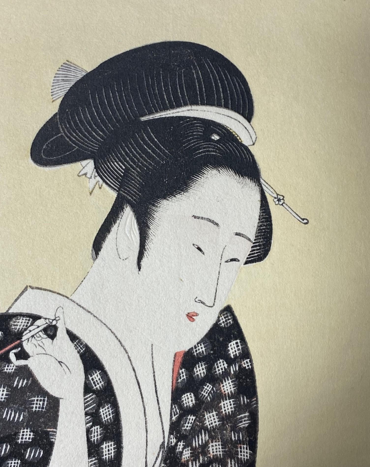 Kitagawa Utamaro Japanese Woodblock Print Hour of the Sheep Daughter Sundial For Sale 1