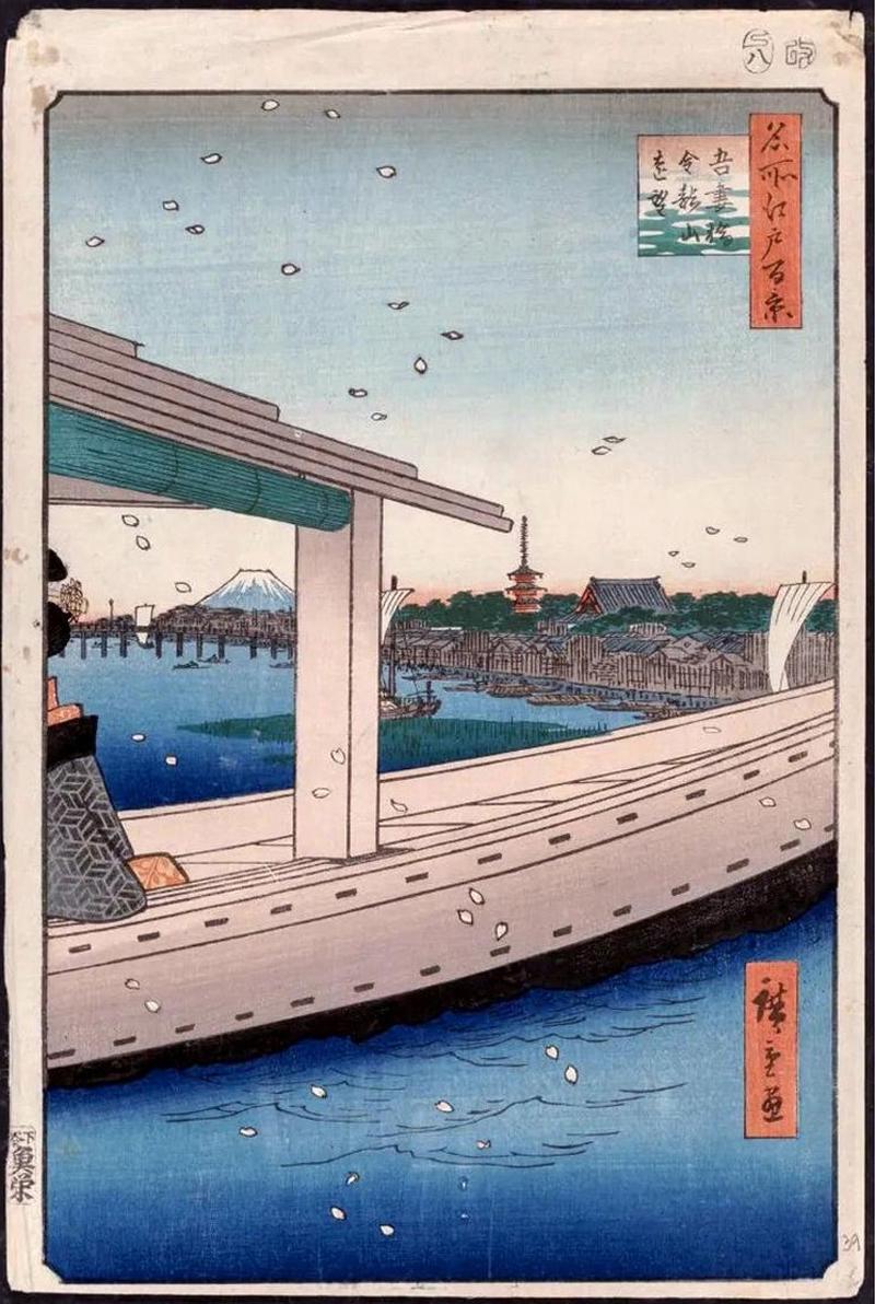 Artista: Utagawa Hiroshige (1797 - 1858)
Serie: Cien vistas famosas de Edo (1856-58)
Número: 39 Vista lejana del Templo Kinryuzan y el Puente Azuma
Editor: Uoya Eikichi
Formato: Oban vertical
Número de impresiones: 120/120 (inc. portada y una copia