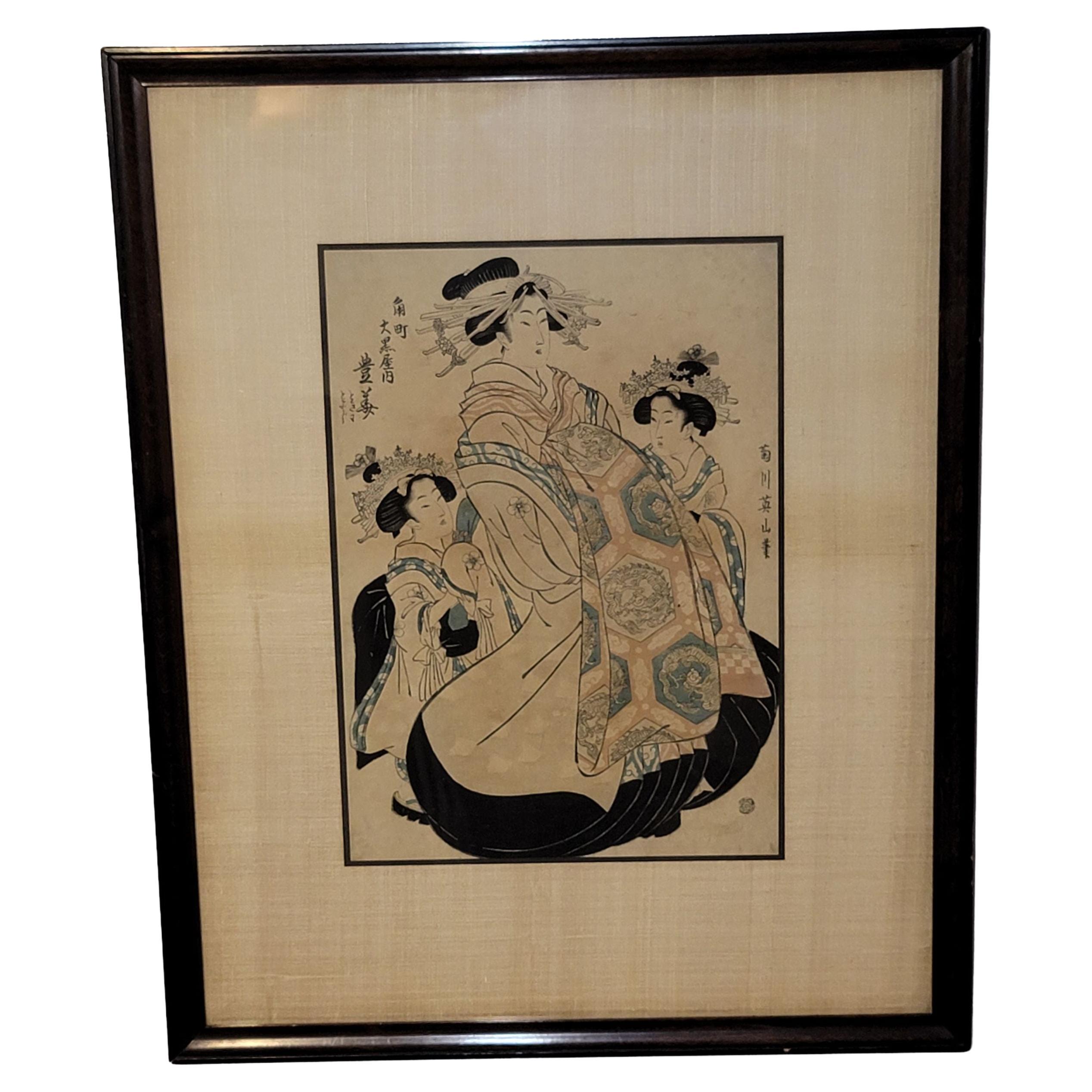 Japanischer Farbholzschnitt "Drei Geishas" Kikukawa Eizan (菊川英山) #2 im Angebot