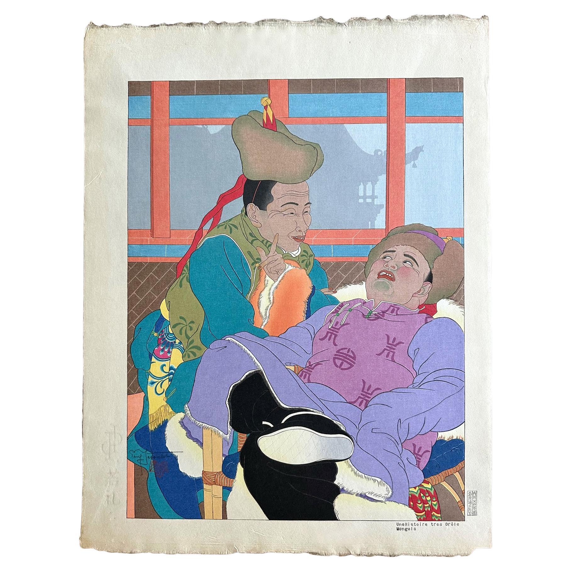 Gravure sur bois japonaise Une Histoire Tres Drole par Paul Jacoulet