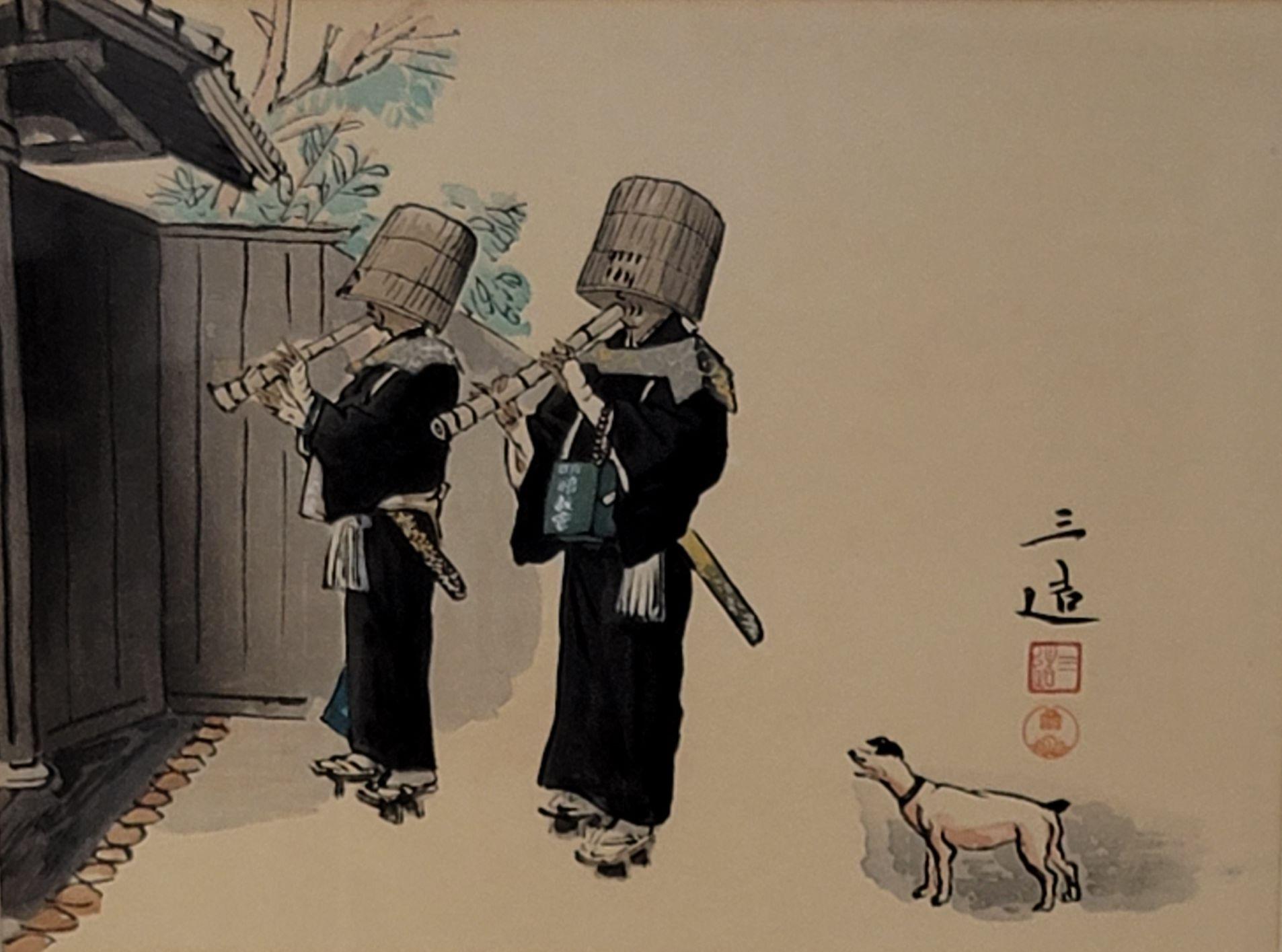 Original Woodblock work by Sanzo Wuda depicting two bamboo flute players at the gate with the dog, framed and signed.
Dimension: Image 13 1/2