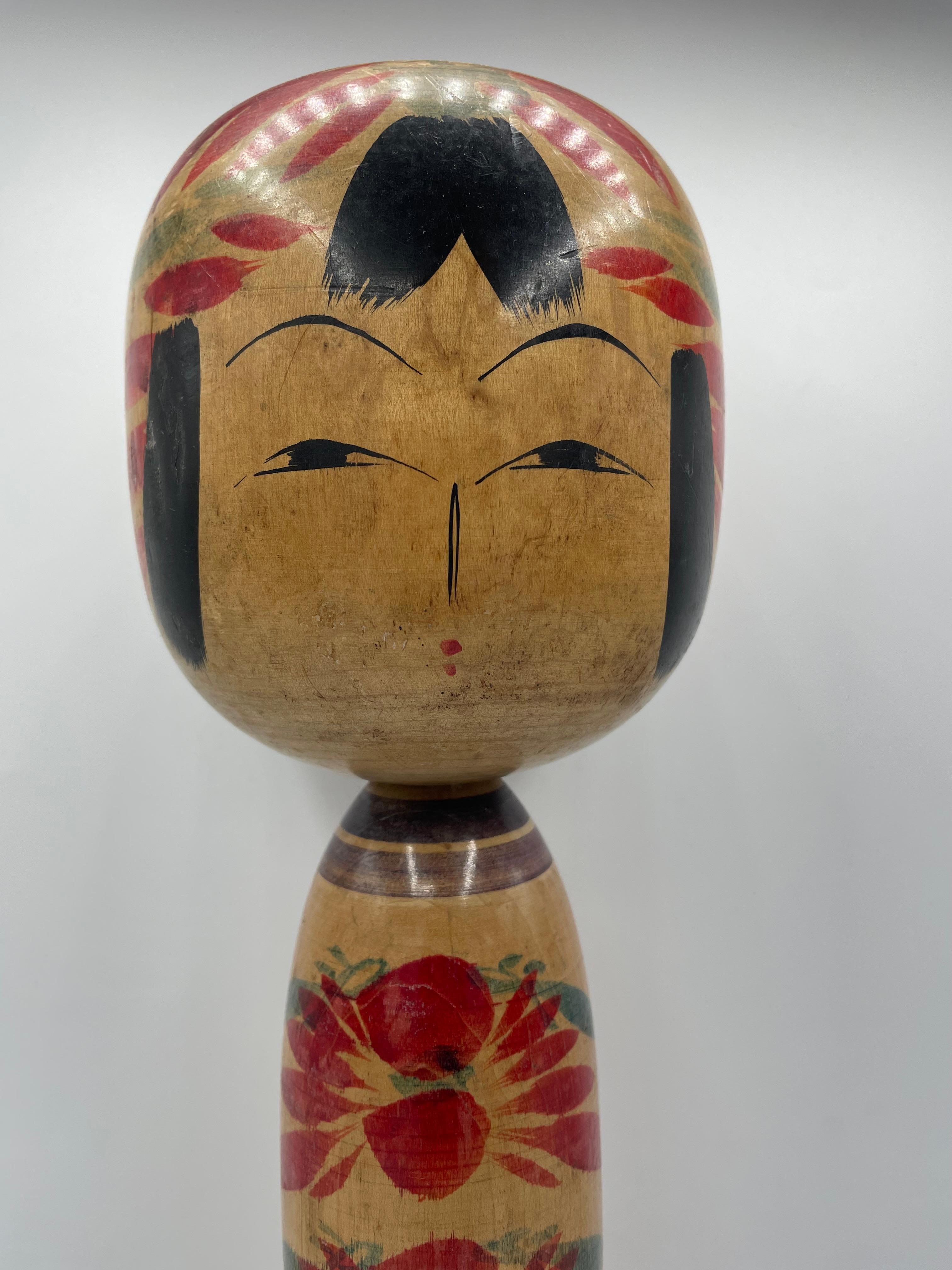This is a wooden doll which is called Kokeshi in Japanese.
This kokeshi was made in Japan around 1960s by kokeshi artist Shojiro SAKAI.
He was born in Sendai, Miyagi prefecture in 1st January 1921. His signature is written on the bottom of this