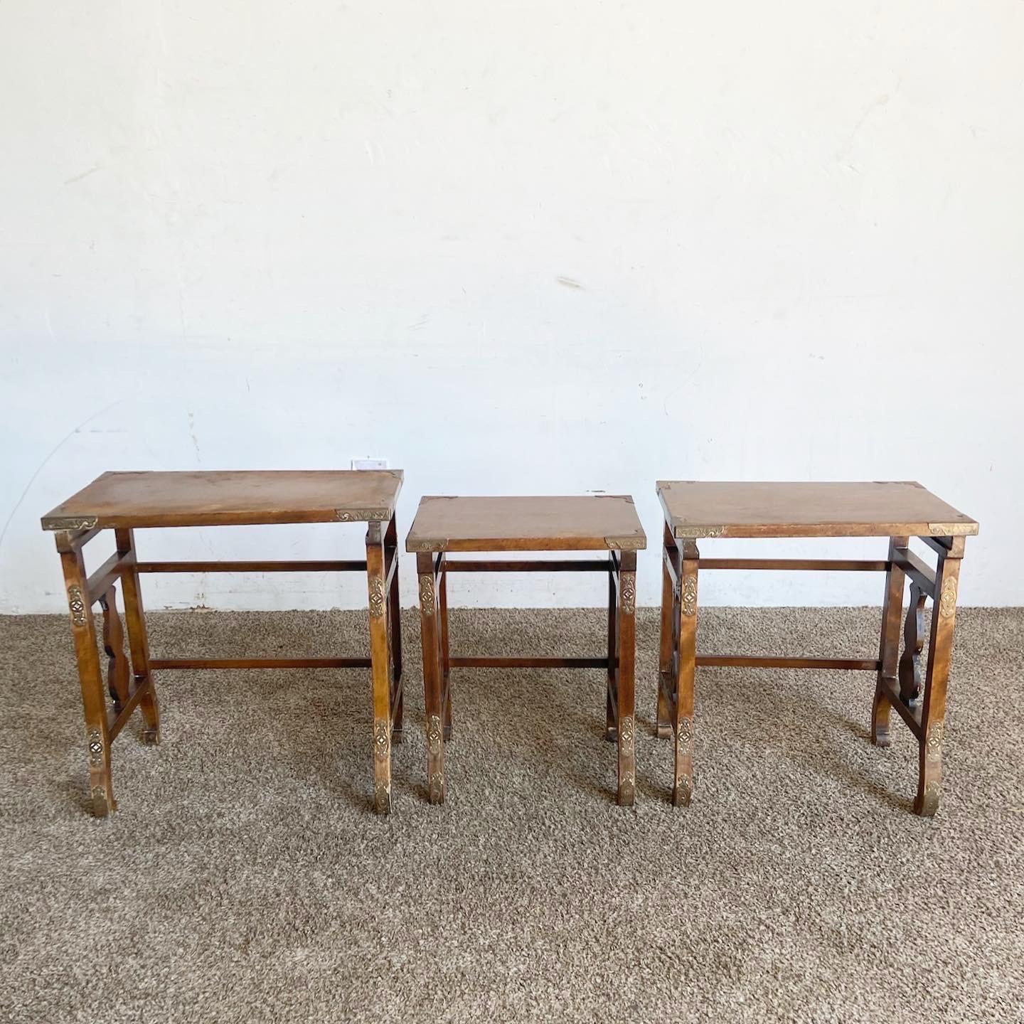 Regency Japanese Wooden Nesting Tables With Brass Accents - Set of 3 For Sale