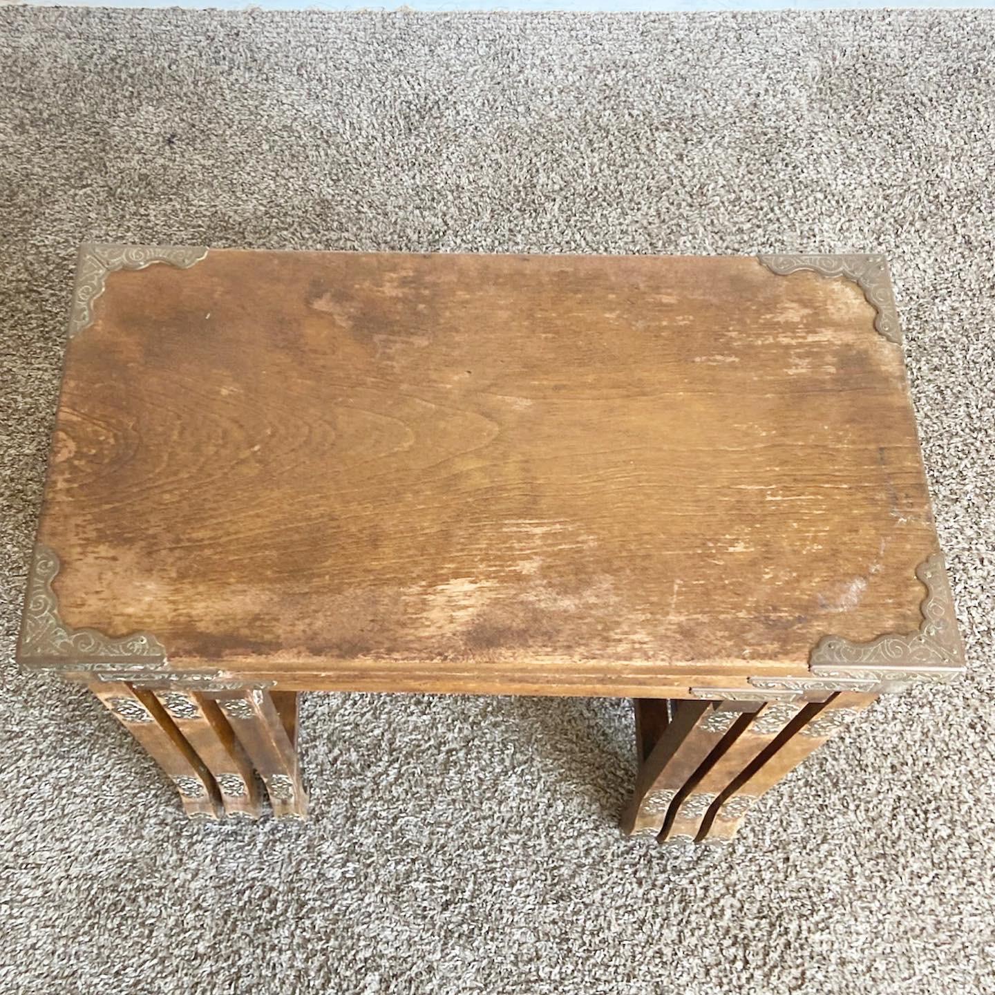 Japanese Wooden Nesting Tables With Brass Accents - Set of 3 In Good Condition For Sale In Delray Beach, FL