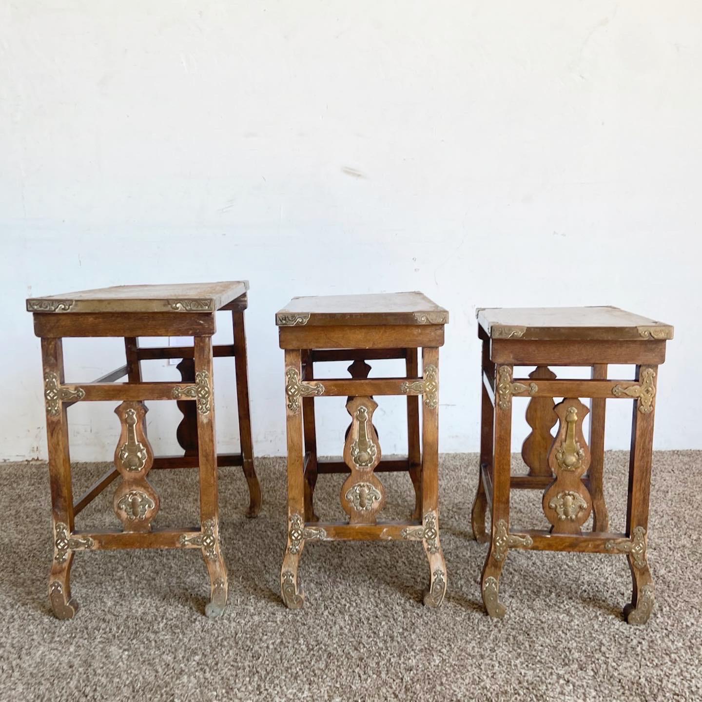 Japanese Wooden Nesting Tables With Brass Accents - Set of 3 For Sale 2