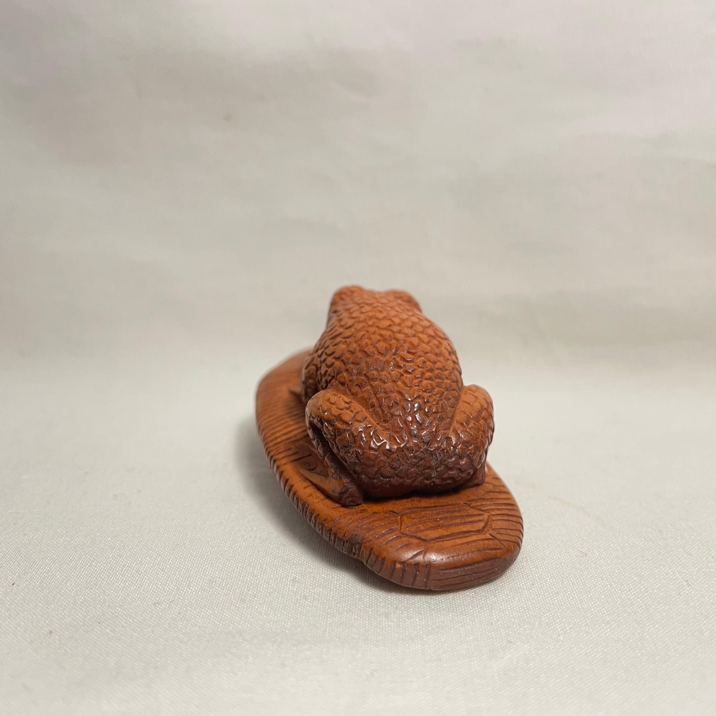 Mid-20th Century Japanese Wooden Netsuke 'Frog on the Zori sandal' 1950s Showa era 'Shoichi'