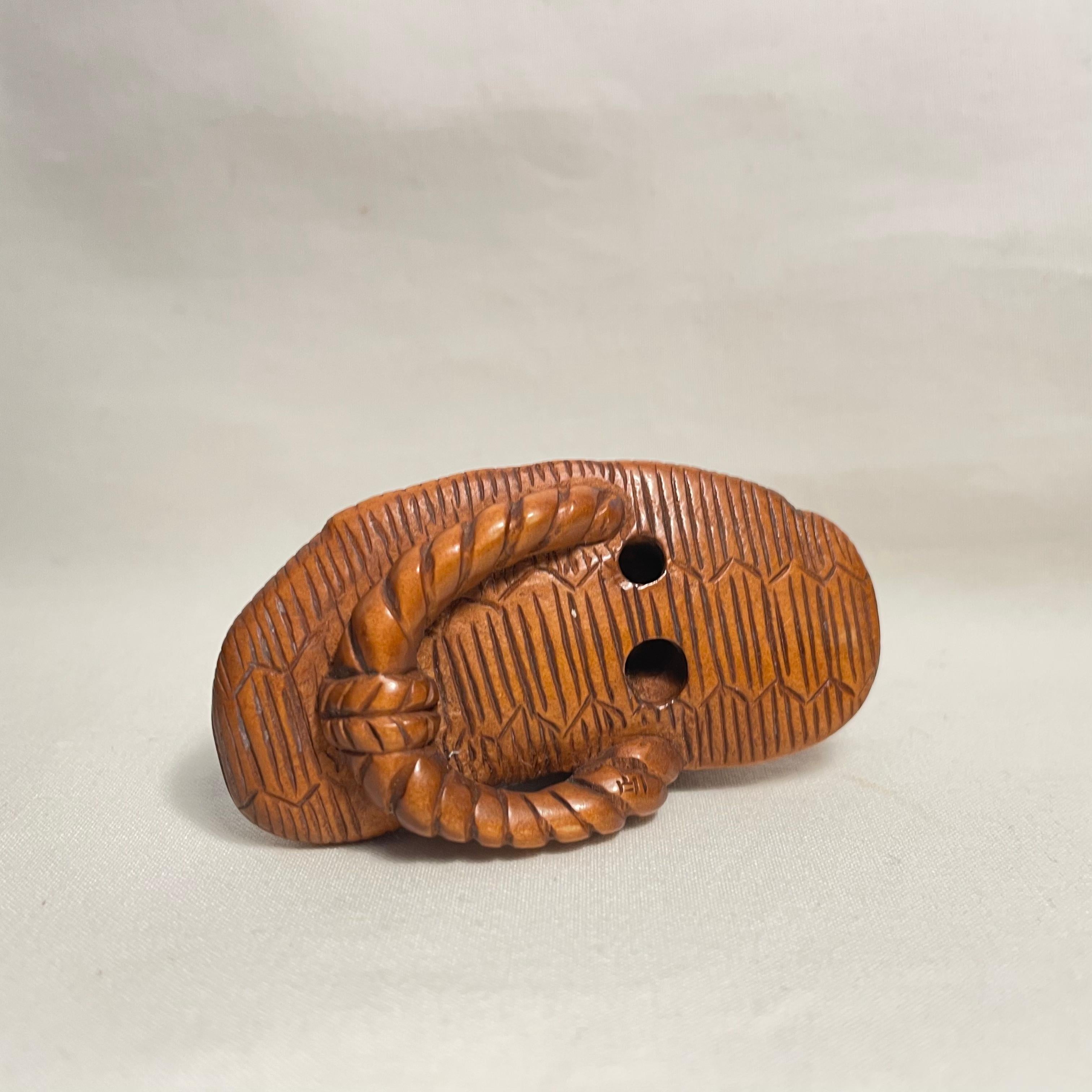 Japanese Wooden Netsuke 'Frog on the Zori sandal' 1950s Showa era 'Shoichi' 2
