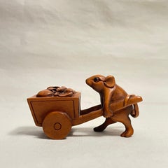 Japanese Wooden Netsuke 'Mouse and Hand cart' 1960s 'Masaoka'