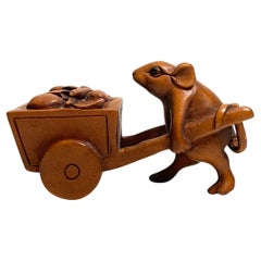 Japanisches Holznetzsuke „Mouse and Hand cart“ aus Holz, 1960er Jahre, „Masaoka“