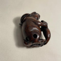 Japanese Wooden Netsuke 'Rabbit and Winter radish Daikon' 1950s 'Yoshiaki'