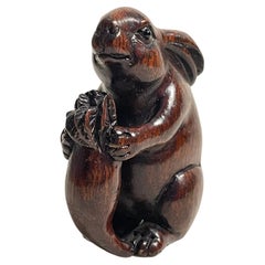 Japanese Wooden Netsuke 'Rabbit and Winter radish Daikon' 1950s 'Yoshiaki'