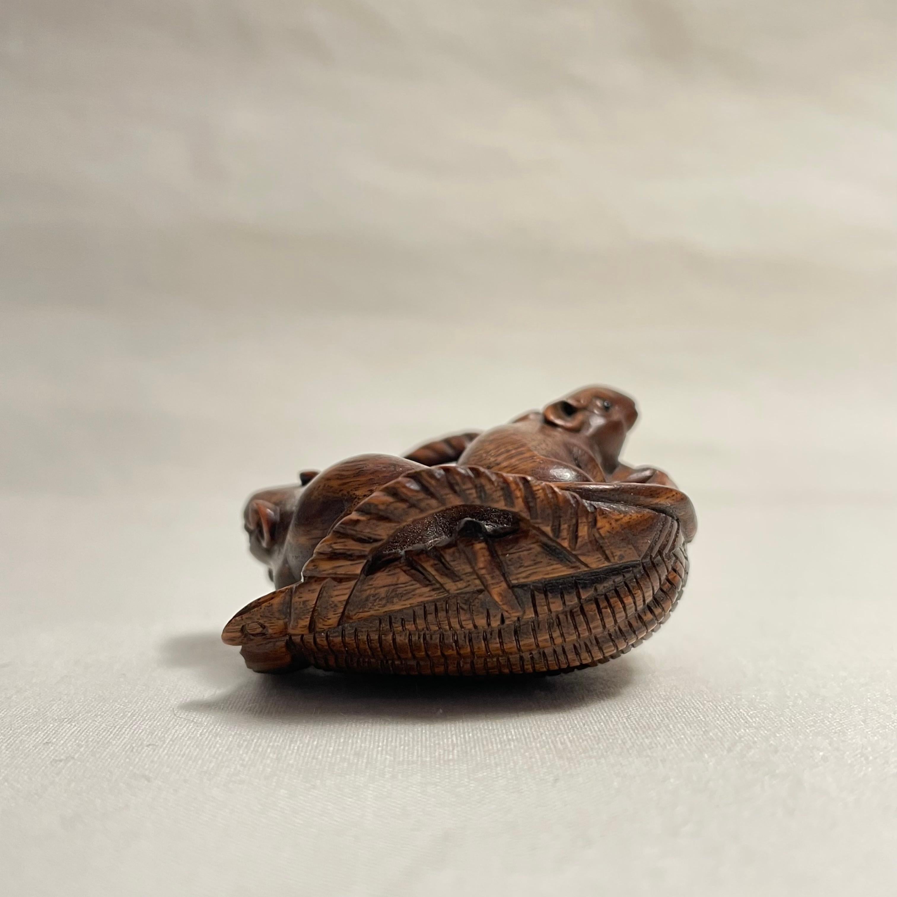 Showa Japanese Wooden Netsuke 'Two mouses' 1950s 'Hiro'