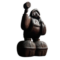 Late Edo Period Japanese Wooden ”Daikokuten Statue” Wabi-Sabi Mingei Folk Art