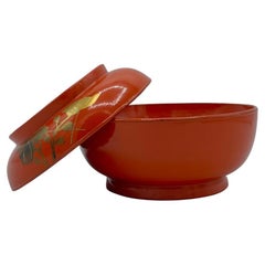 Japanese Wooden Soup-Bowl with Red Lacquer Chrysanthemum 1970s