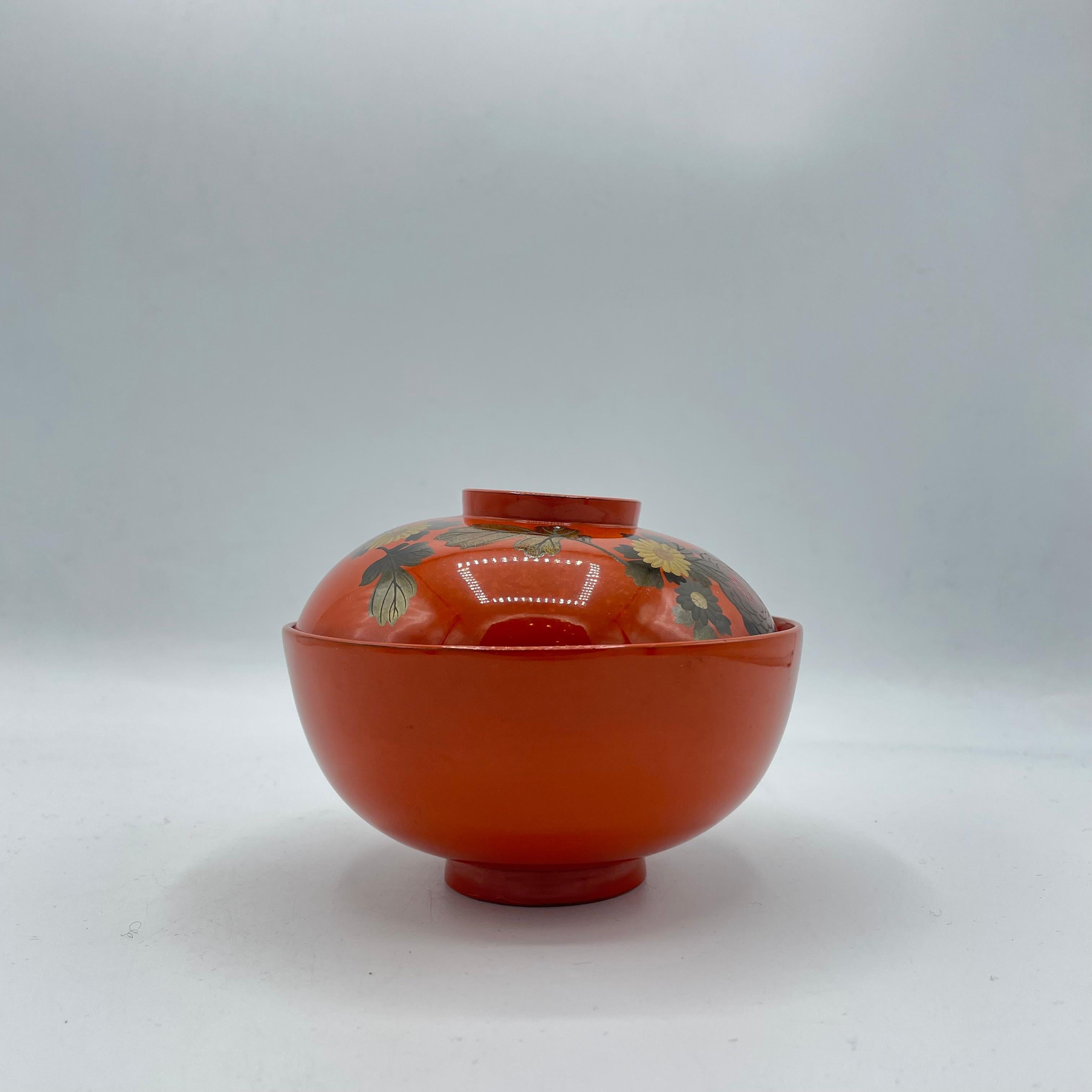 Showa Japanese Wooden Soup-Bowl with Red Lacquer Flowers 1970s For Sale