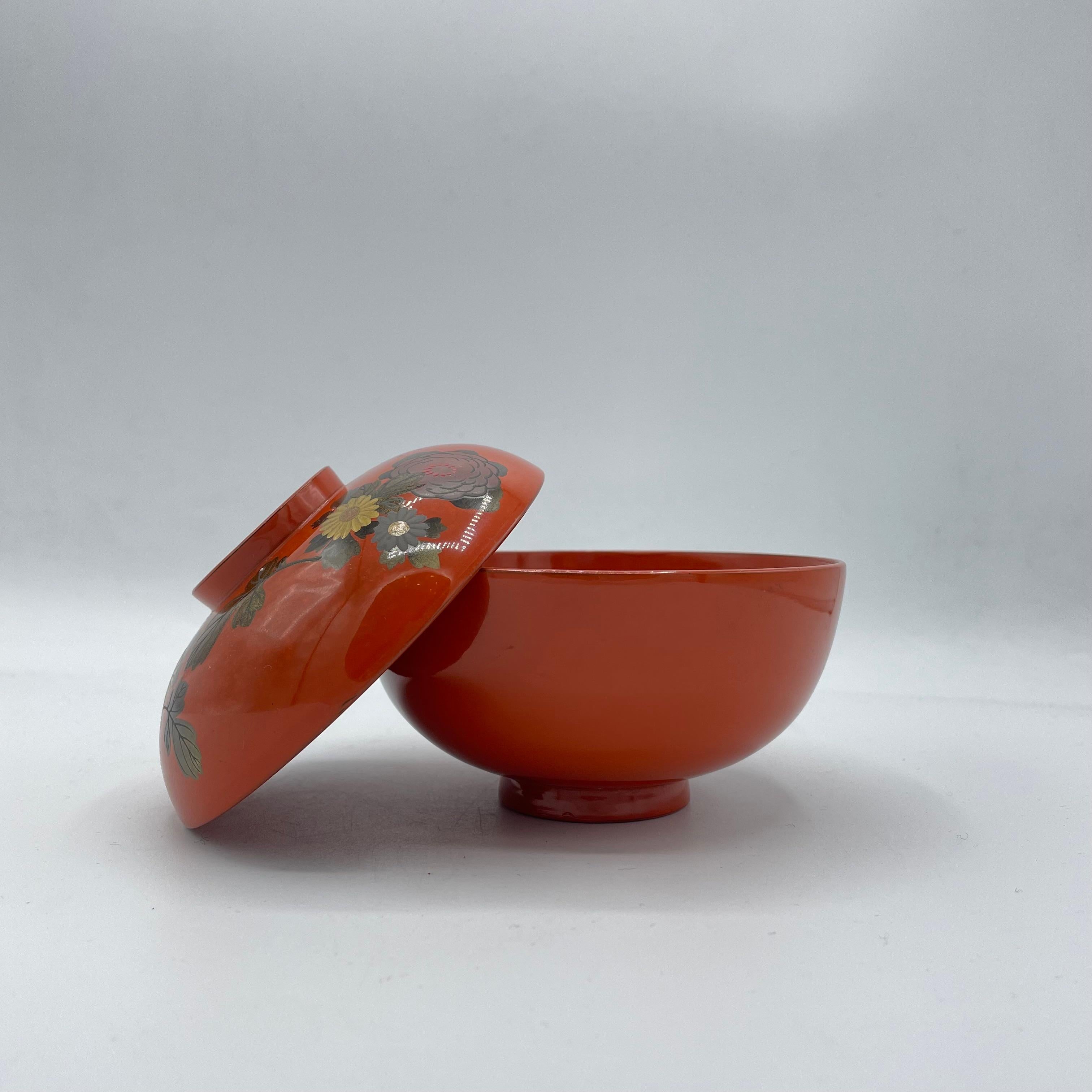 Lacquered Japanese Wooden Soup-Bowl with Red Lacquer Flowers 1970s For Sale