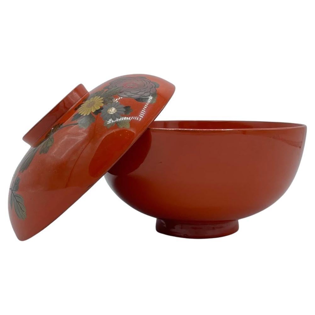 Japanese Wooden Soup-Bowl with Red Lacquer Flowers 1970s