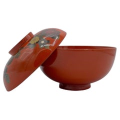 Japanese Wooden Soup-Bowl with Red Lacquer Flowers 1970s