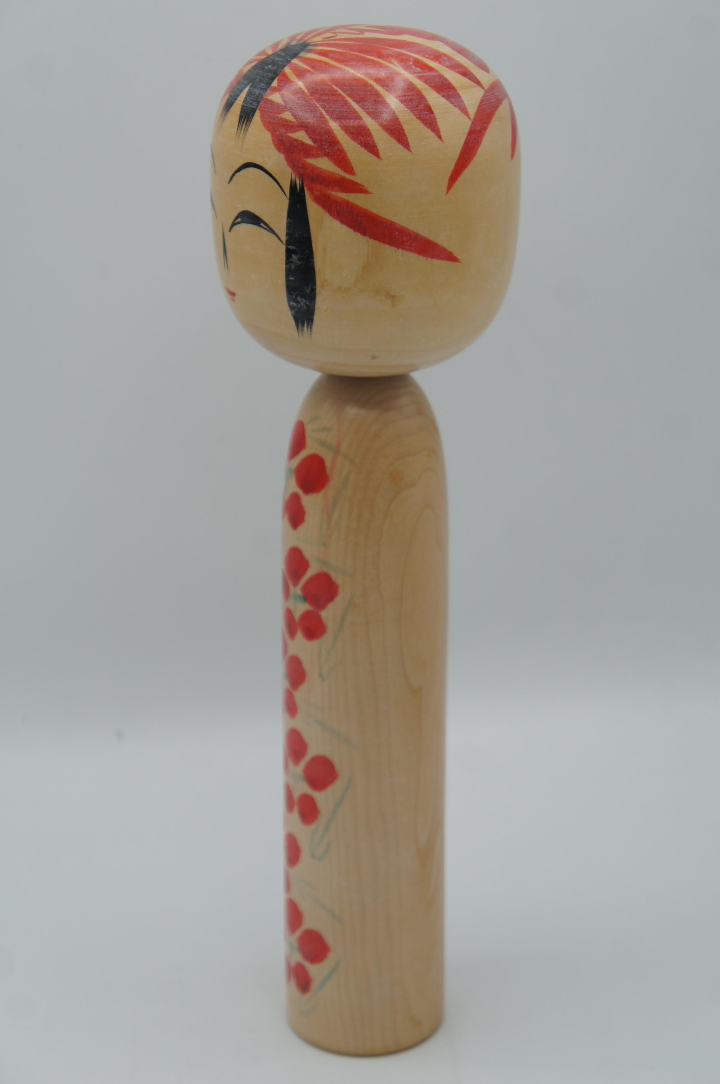 Hand-Painted Japanese Wooden Togatta Kokeshi Doll Kouichi Sato 30.5cm 1978s For Sale