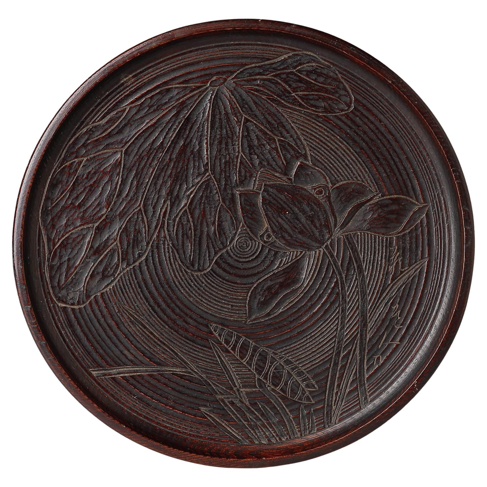 Japanese Wooden tray with beautiful carved lotus design