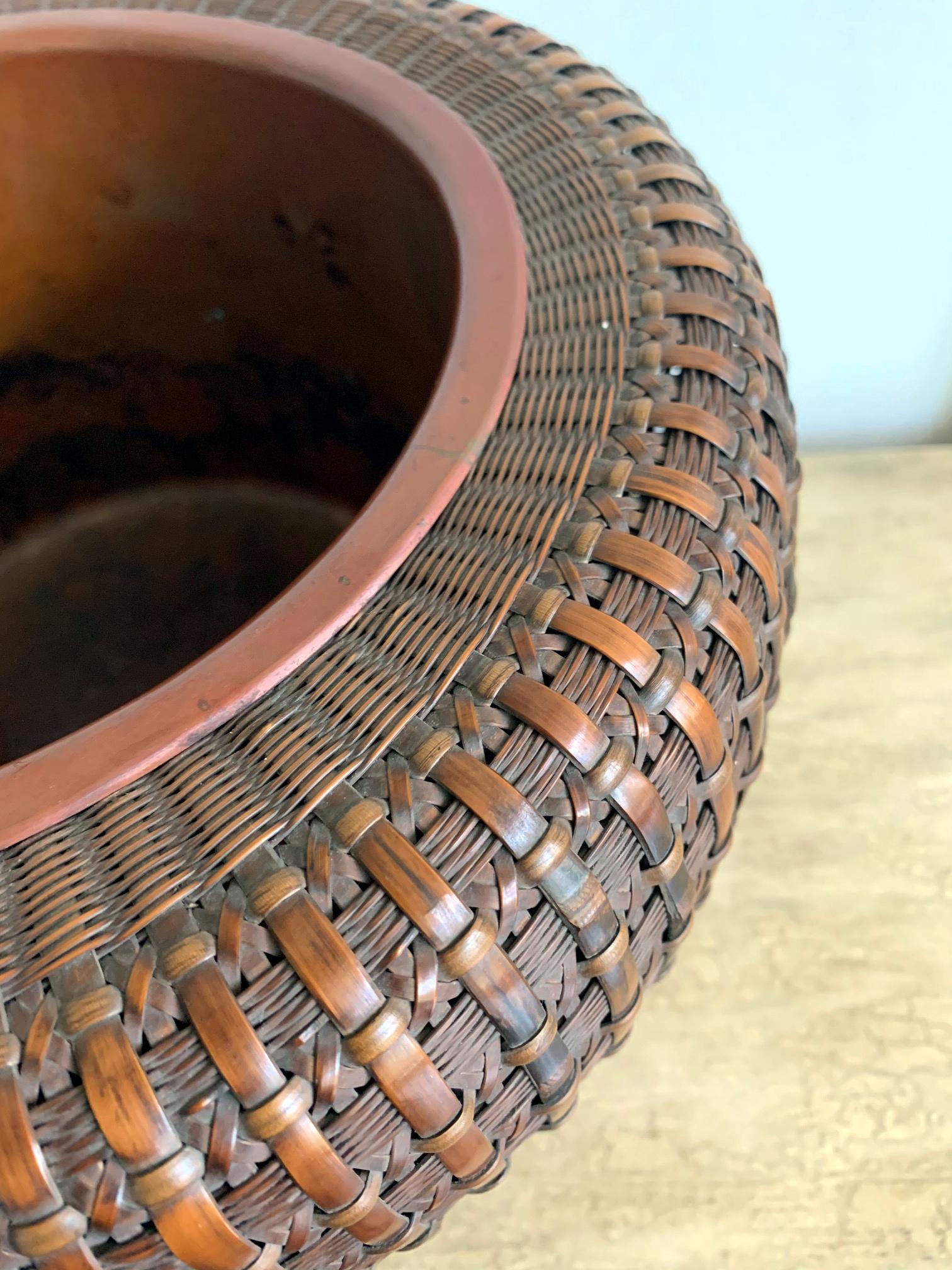 Copper Japanese Woven Bamboo Brazier by Maeda Chikubosai I For Sale