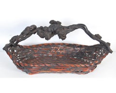 Japanese Woven Bamboo Ikebana Basket with Natural Rootwood Handle, Meiji Period