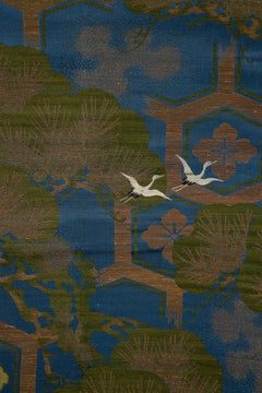 Obi japonais tissé en soie et fil de métal turquoise