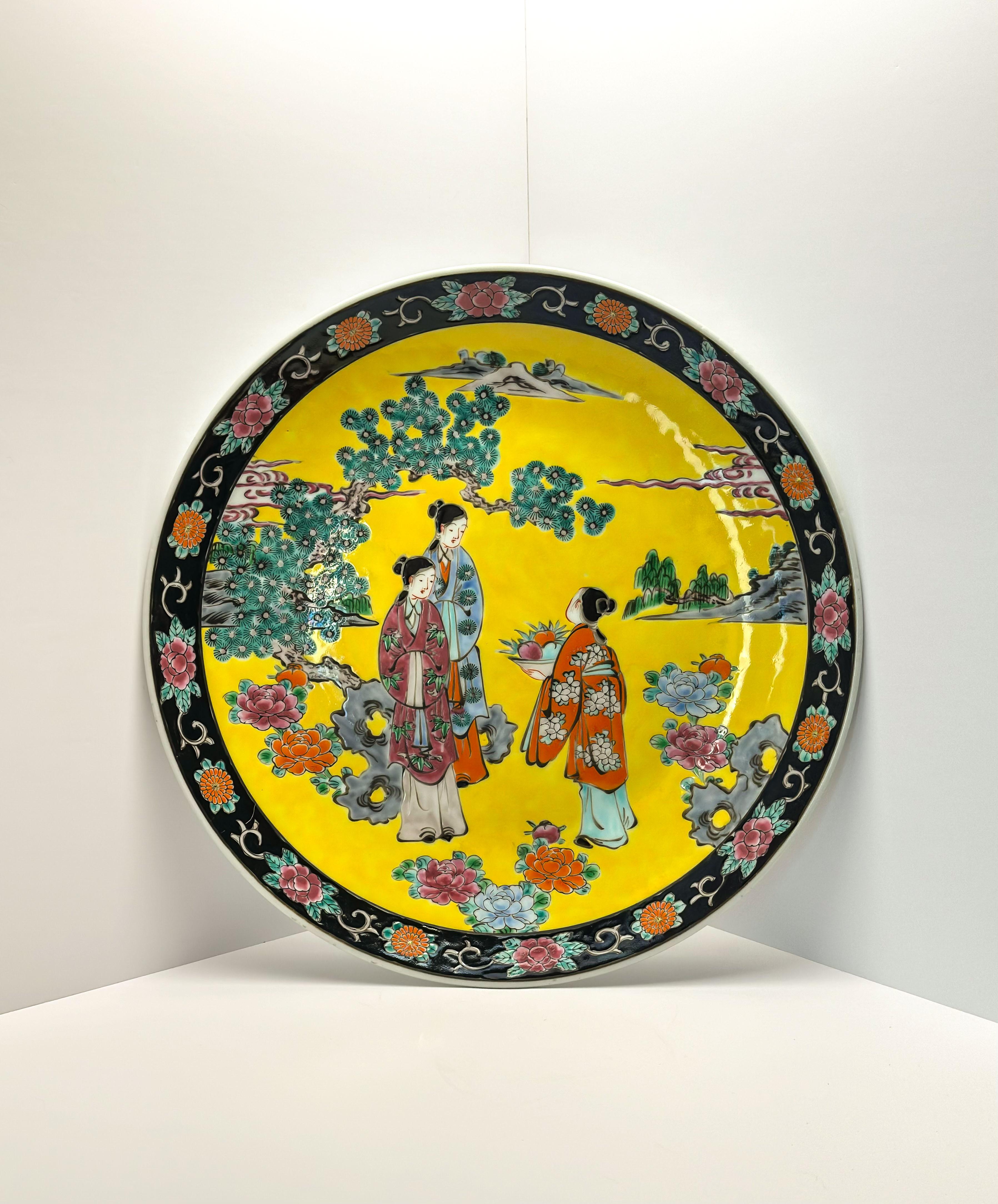Enameled Japanese Yellow and Black Chinoiserie Style Porcelain Charger Plate 1930s For Sale