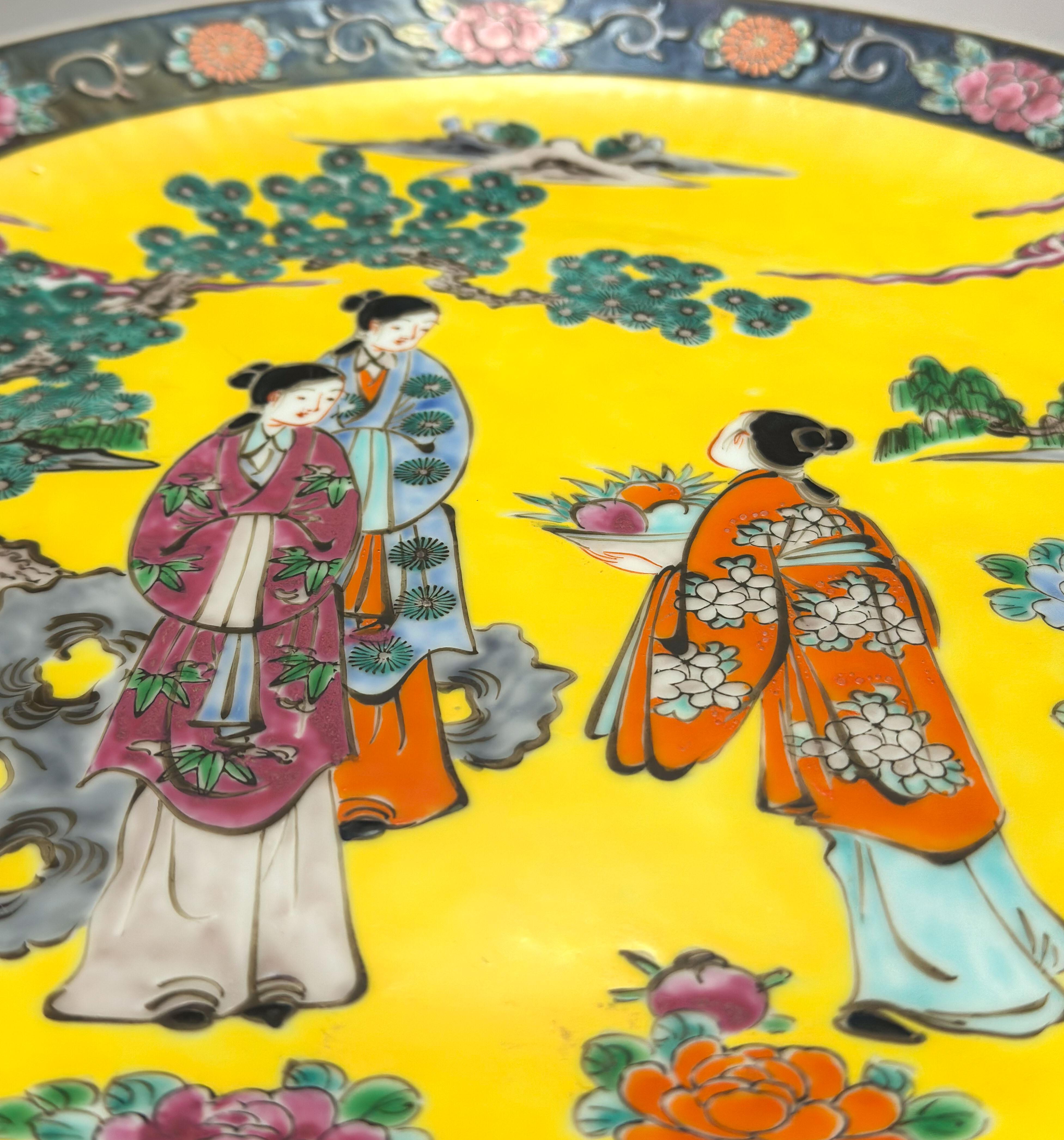 Enamel Japanese Yellow and Black Chinoiserie Style Porcelain Charger Plate 1930s For Sale