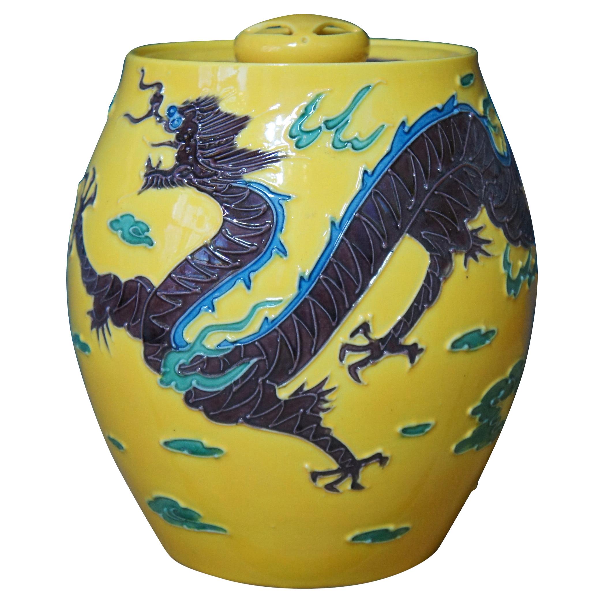 Japanese Yellow Porcelain Dragon Vase With Lid, 1960s For Sale